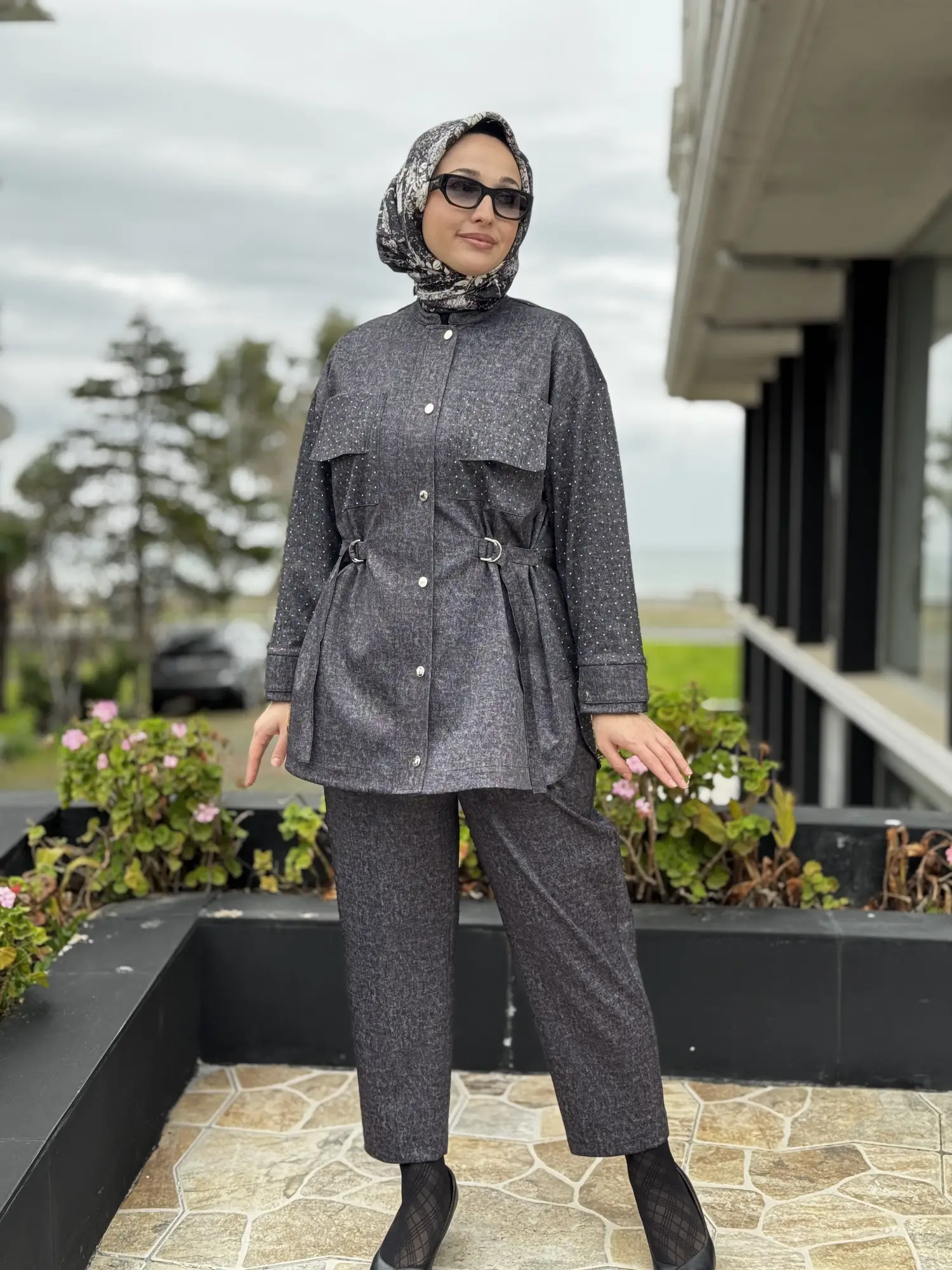 SİYAH G9186 Taş Baskılı Kot Görünümlü Kap Pantolon Takım