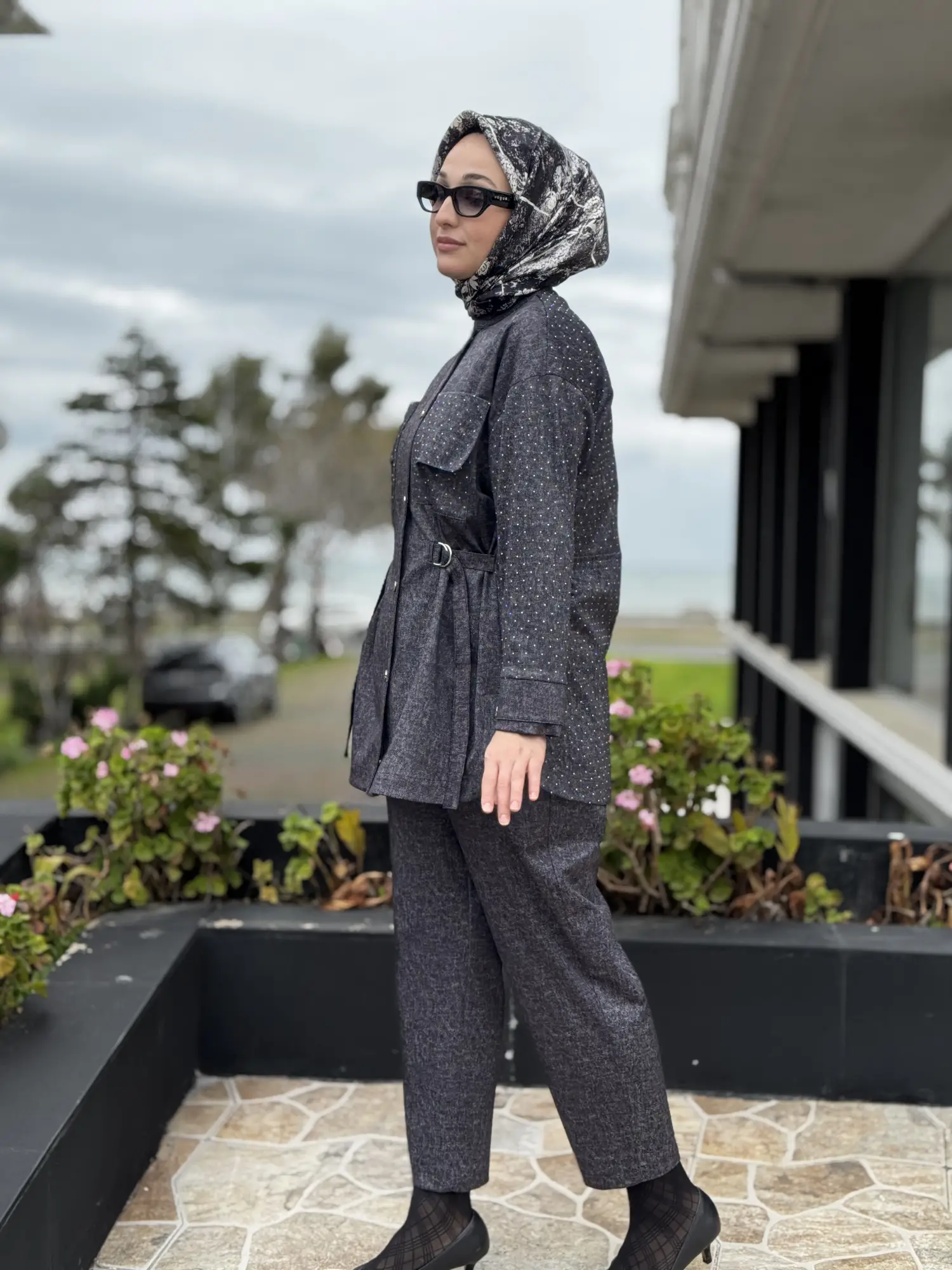 SİYAH G9186 Taş Baskılı Kot Görünümlü Kap Pantolon Takım