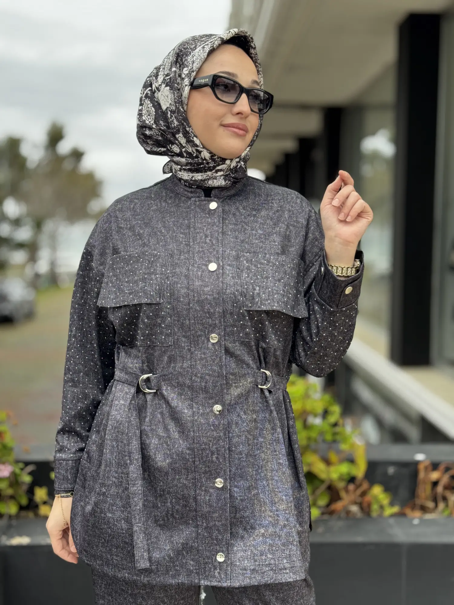 SİYAH G9186 Taş Baskılı Kot Görünümlü Kap Pantolon Takım