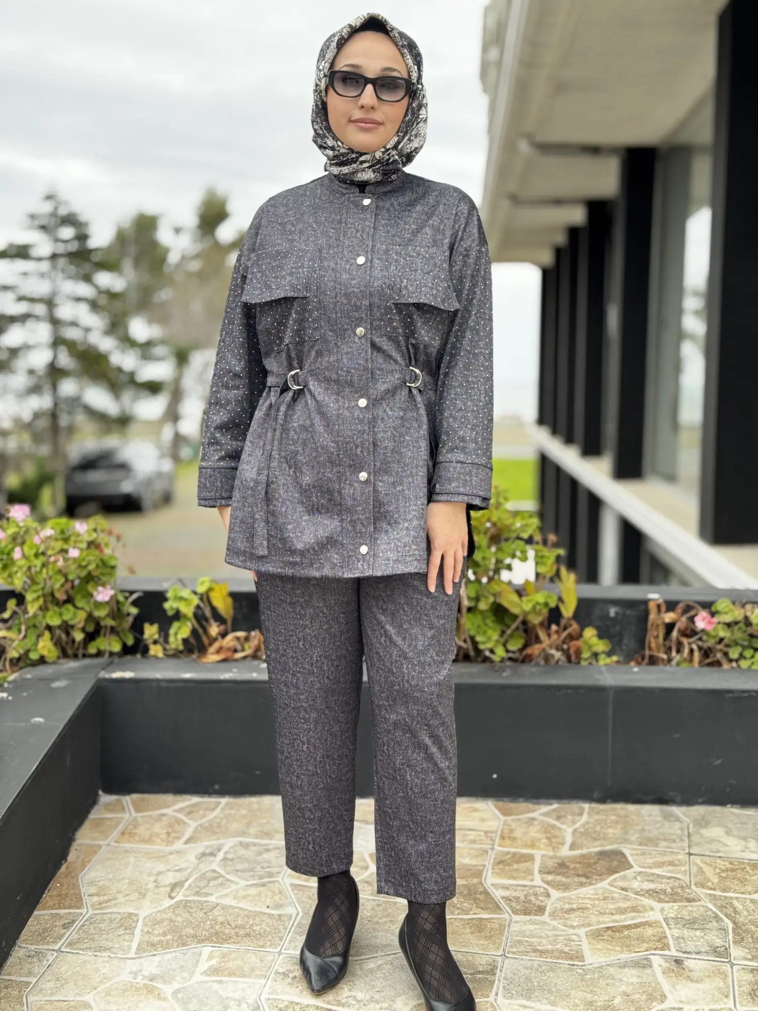 SİYAH G9186 Taş Baskılı Kot Görünümlü Kap Pantolon Takım