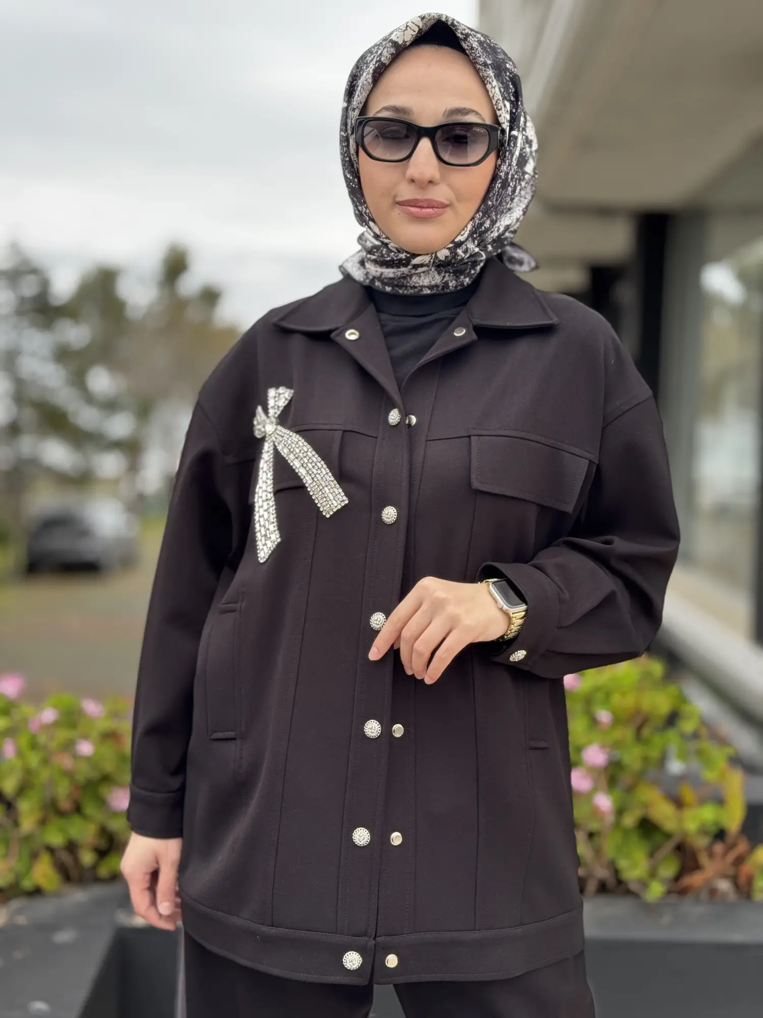 SİYAH G9159 Kristal Fiyonklu Kontrast Parça Detaylı Kap Pantolon Takım