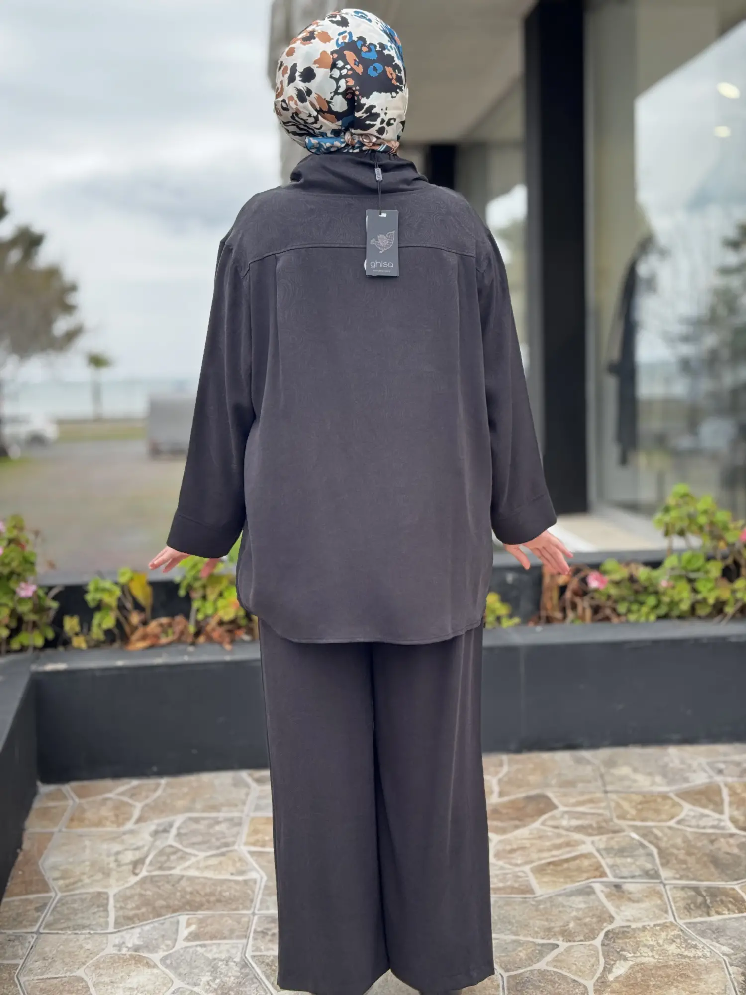 SİYAH G9183 Kendinden Desenli Yaka Büzdürmeli Kap Pantolon Takım