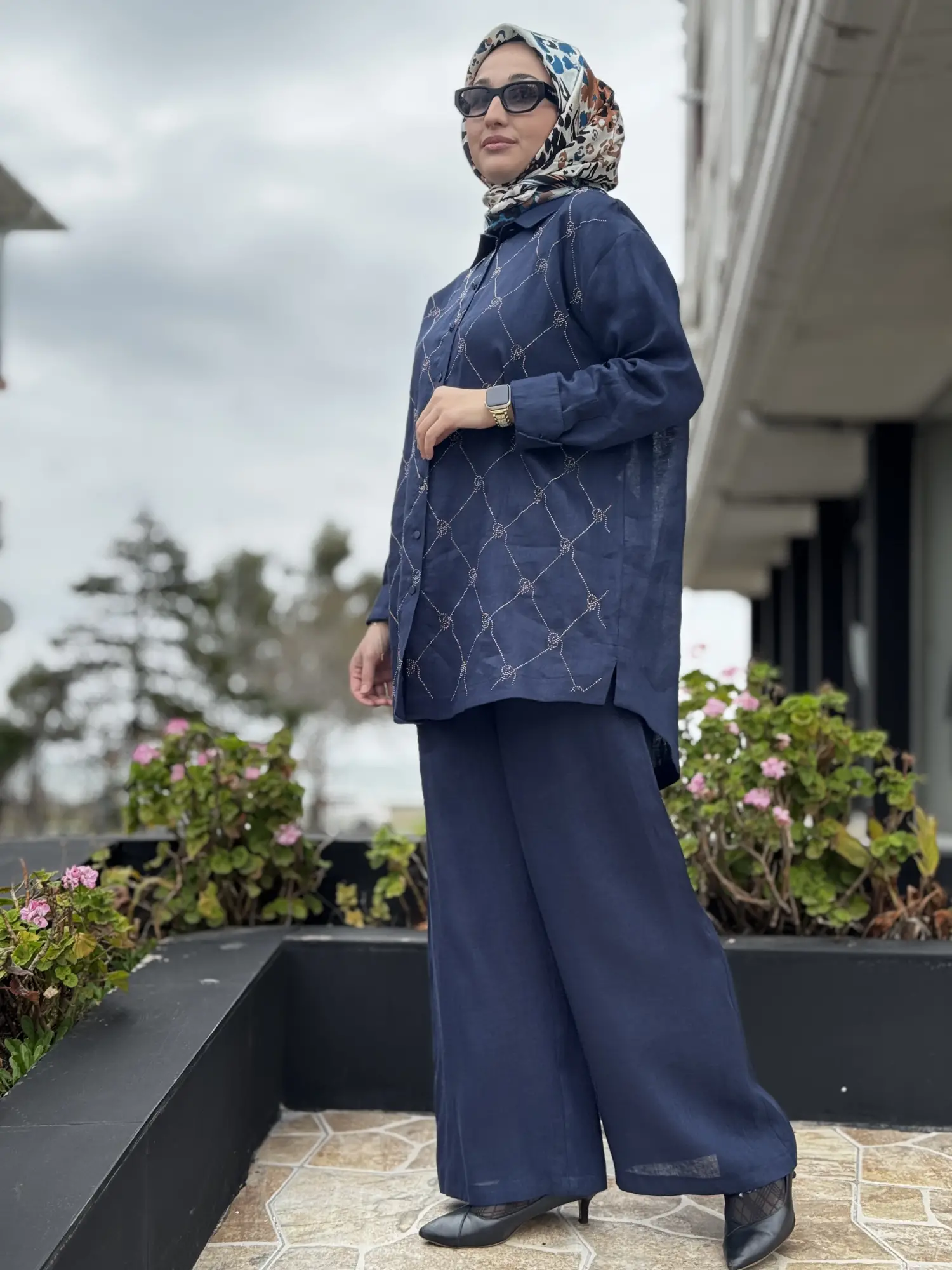 İNDİGO G9170 Taş Baskılı Keten Gömlek Pantolon Takım