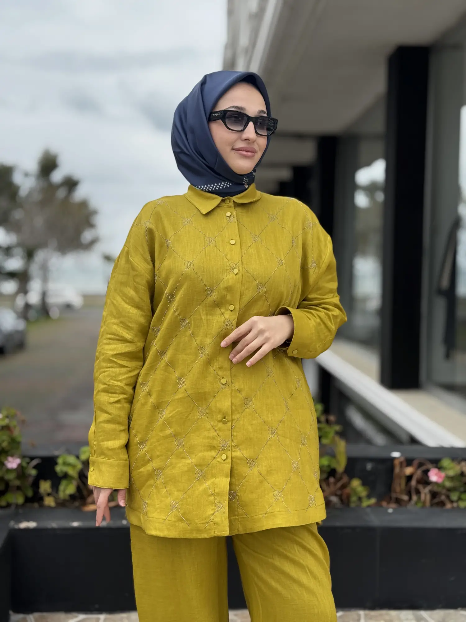 İNDİGO G9170 Taş Baskılı Keten Gömlek Pantolon Takım