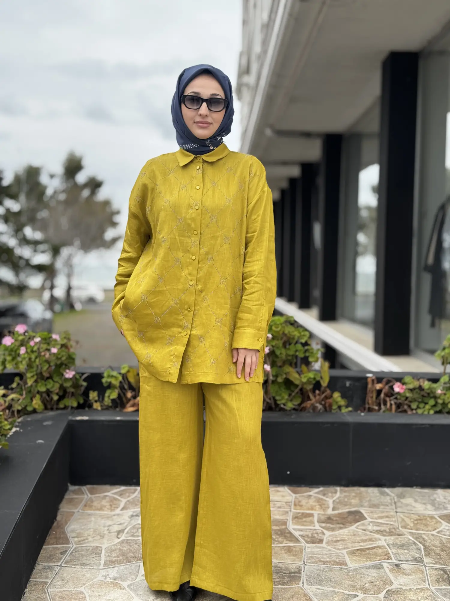 İNDİGO G9170 Taş Baskılı Keten Gömlek Pantolon Takım