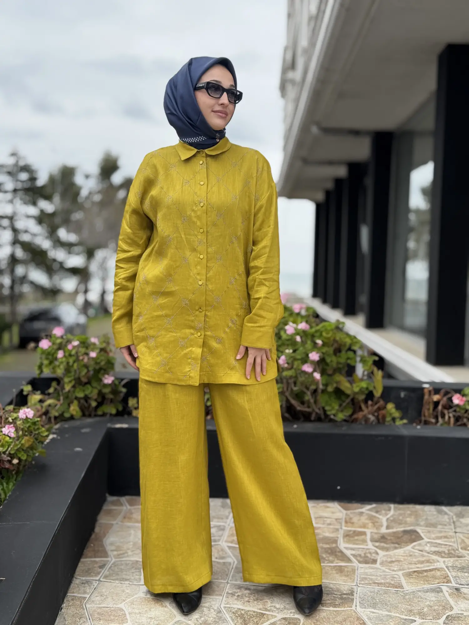 İNDİGO G9170 Taş Baskılı Keten Gömlek Pantolon Takım