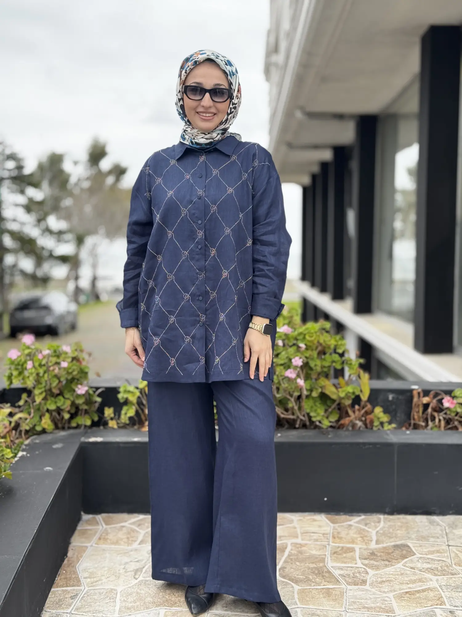 İNDİGO G9170 Taş Baskılı Keten Gömlek Pantolon Takım