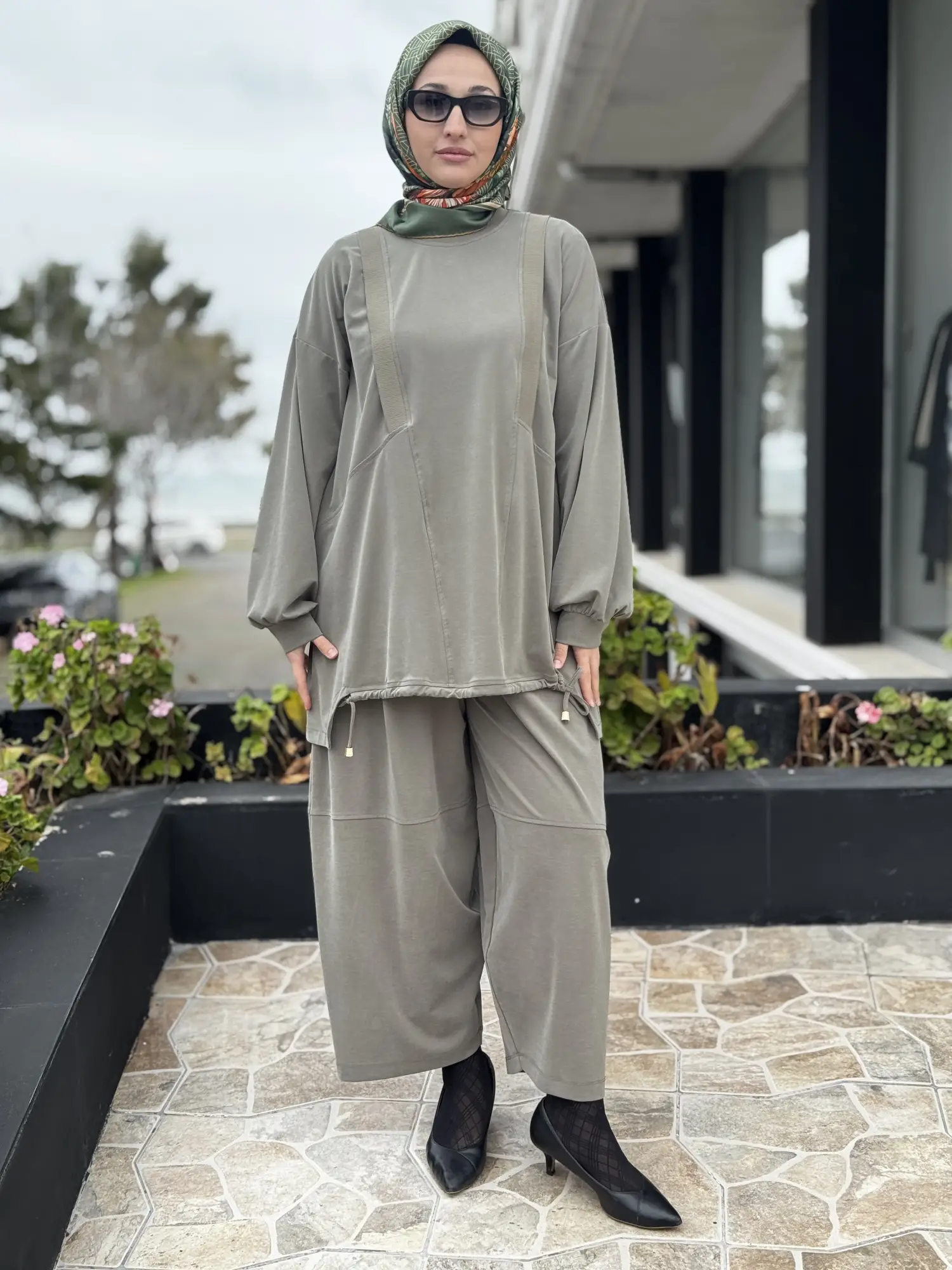 YEŞİL G4205 Ribana ve Büzgü Detaylı Tunik Şalvar Pantolon Takım