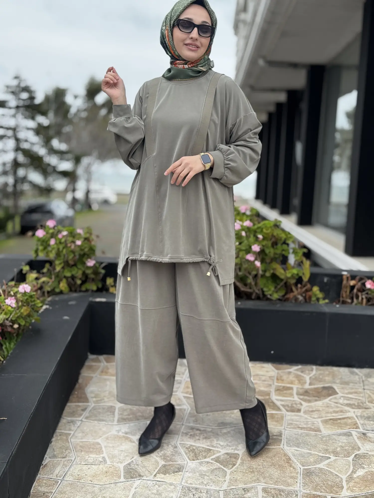 YEŞİL G4205 Ribana ve Büzgü Detaylı Tunik Şalvar Pantolon Takım