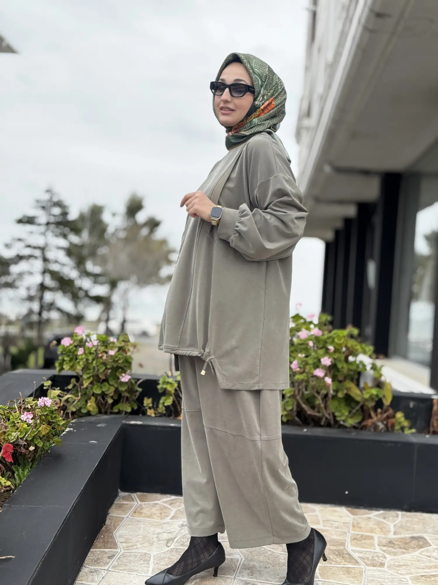 YEŞİL G4205 Ribana ve Büzgü Detaylı Tunik Şalvar Pantolon Takım