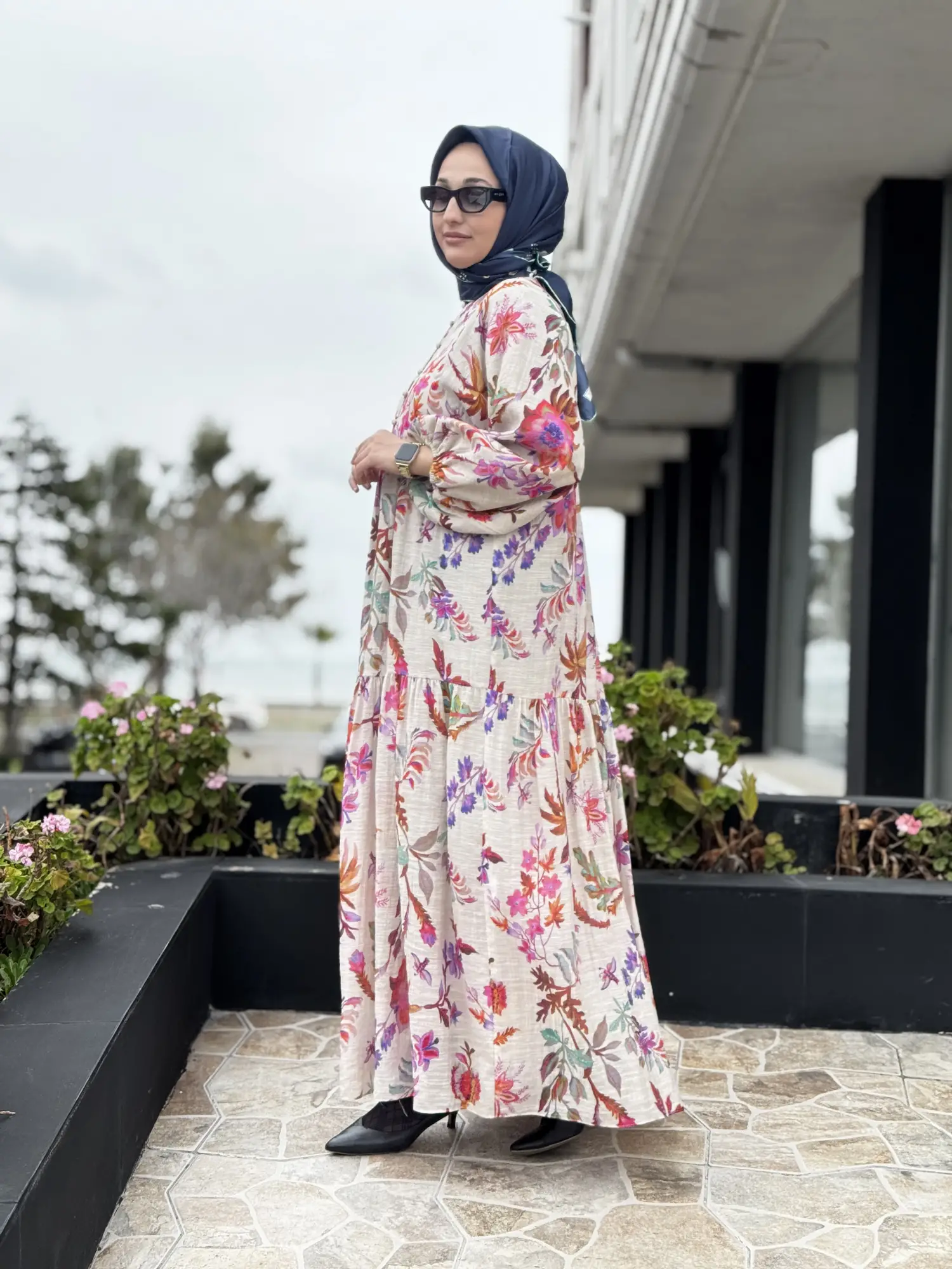 FUŞYA G4310 Botanik Desenli Britli Vual Elbise