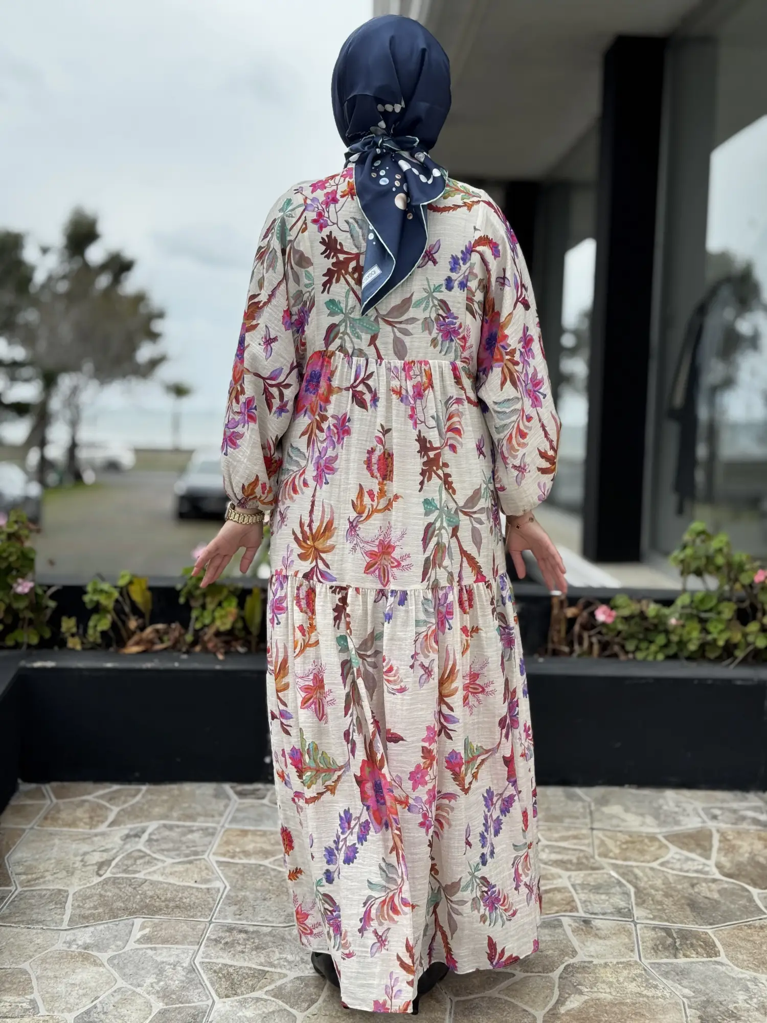 FUŞYA G4310 Botanik Desenli Britli Vual Elbise