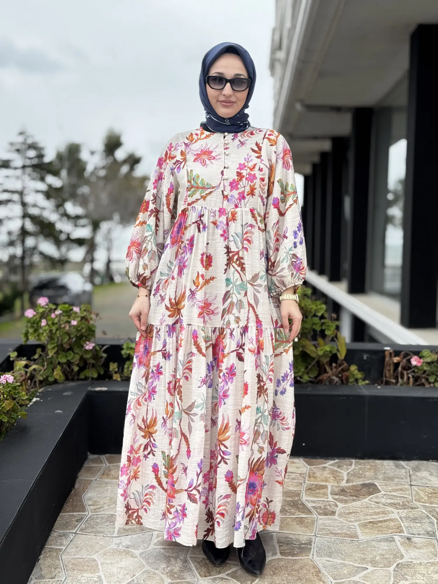 FUŞYA G4310 Botanik Desenli Britli Vual Elbise