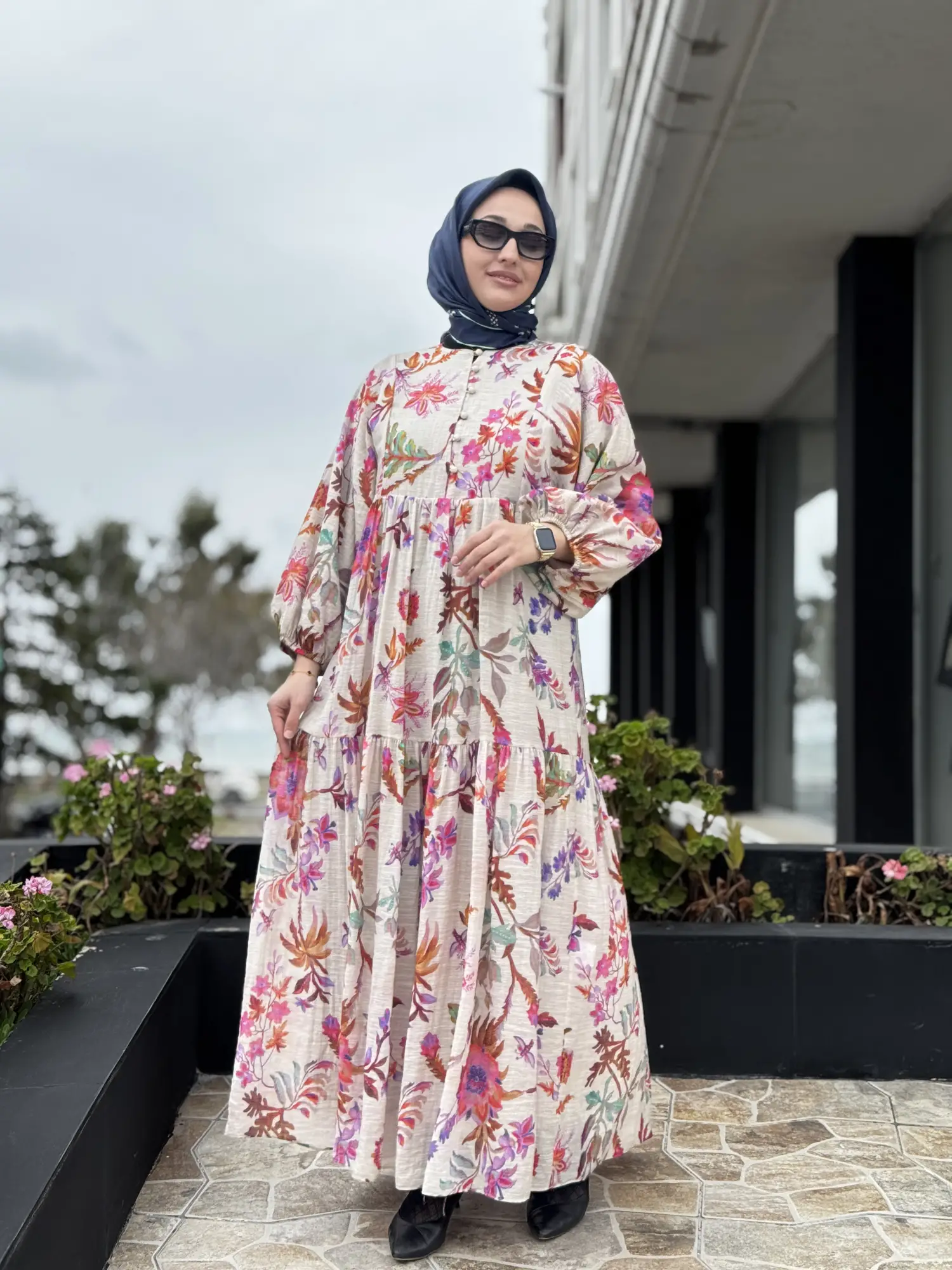 FUŞYA G4310 Botanik Desenli Britli Vual Elbise