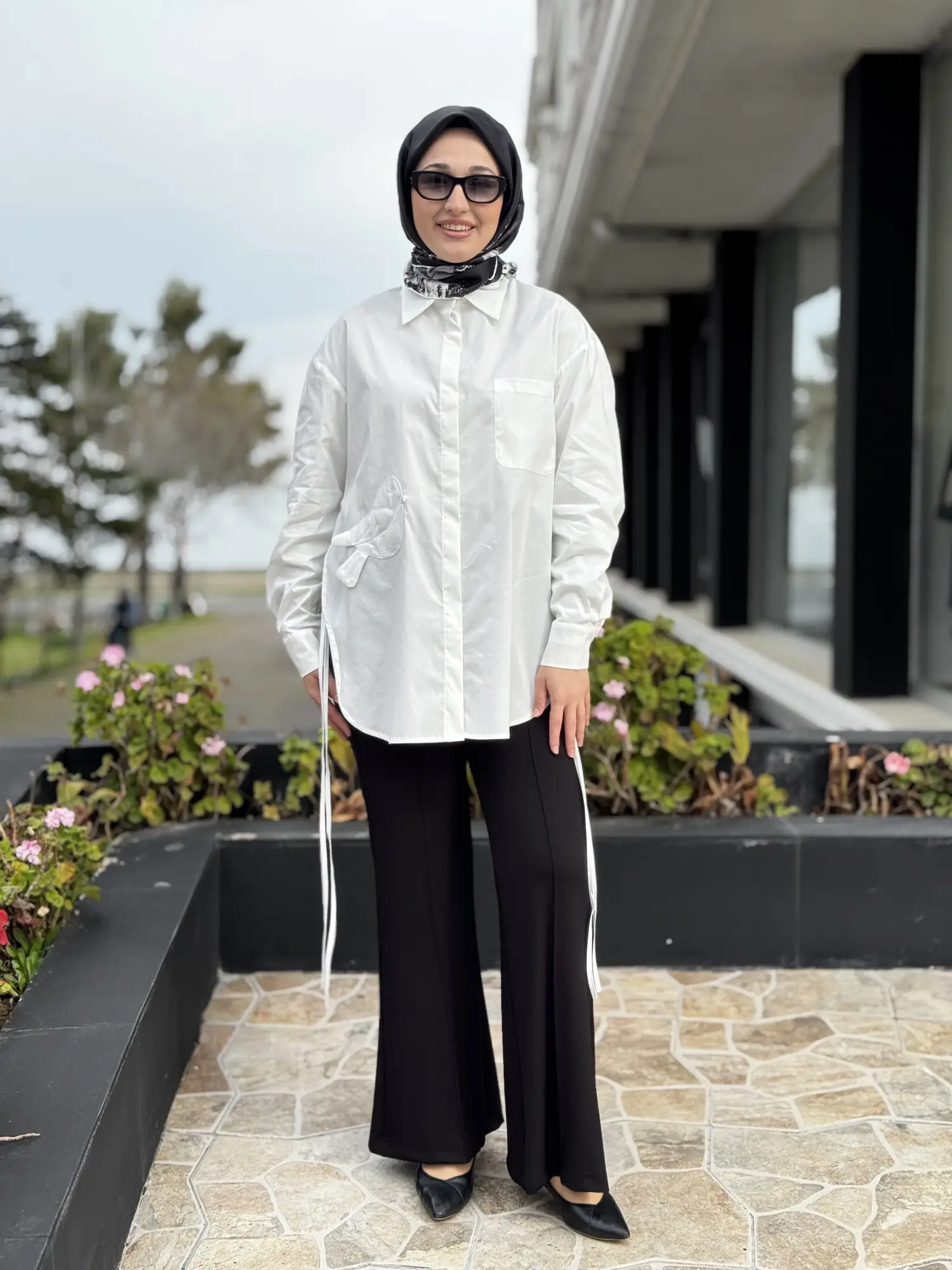 Ghisa Kuş Desenli Yandan Bağcıklı Poplin Gömlek G4197