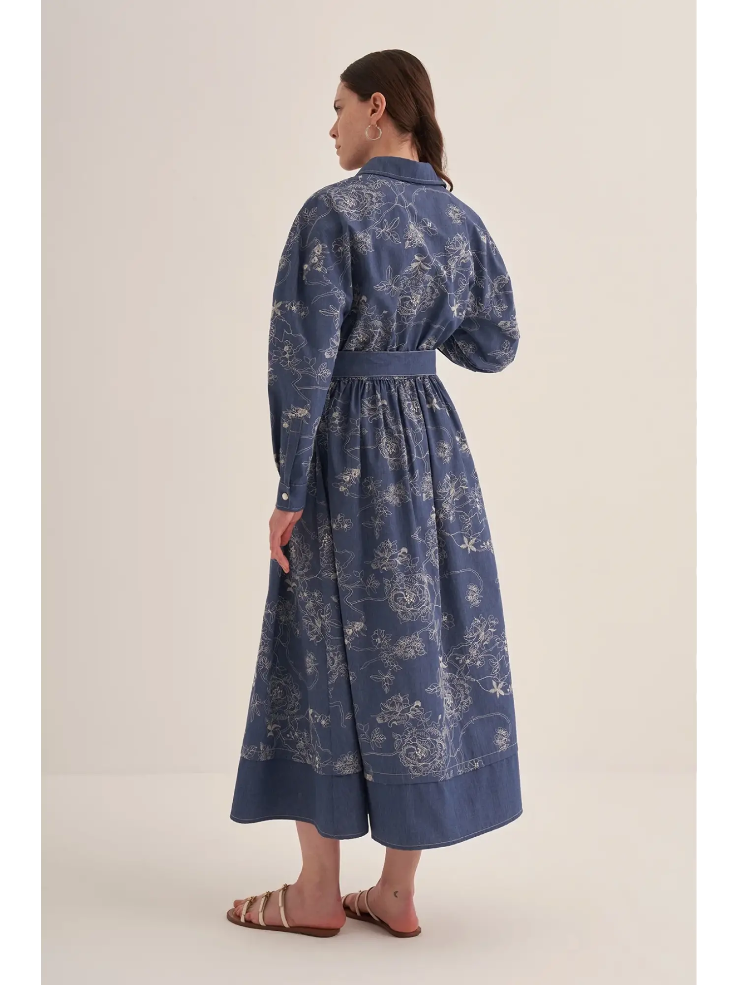 Clande Çiçek Nakış Desenli Denim Elbise