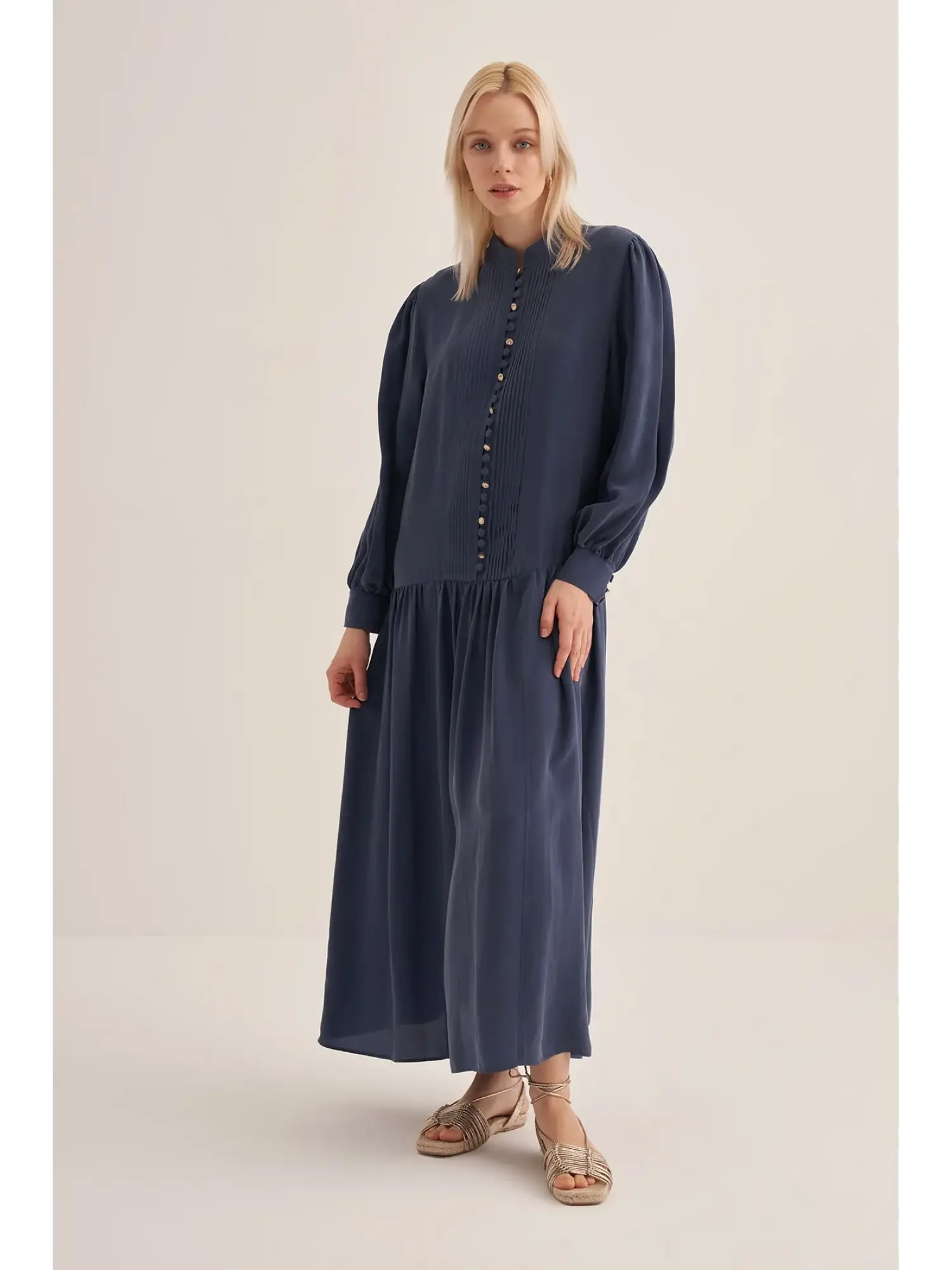 Clande Önü Drape ve Düğme Detaylı Cupra İpek Elbise