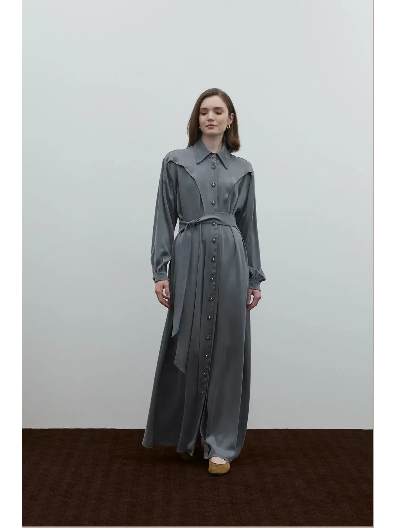 Clande Önü Düğmeli Cepli Cupra İpek Elbise / Ferace