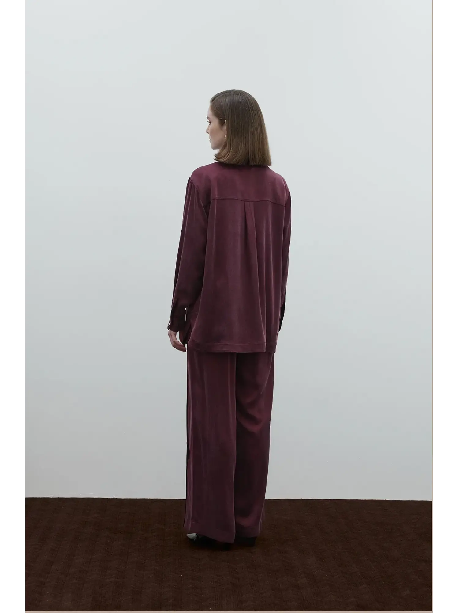 Clande Cupra İpek Düğme Detaylı Tunik Bol Paça Pantolon Takım