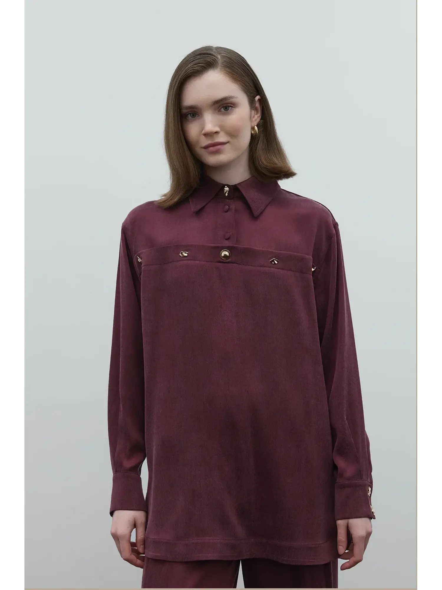 Clande Cupra İpek Düğme Detaylı Tunik Bol Paça Pantolon Takım