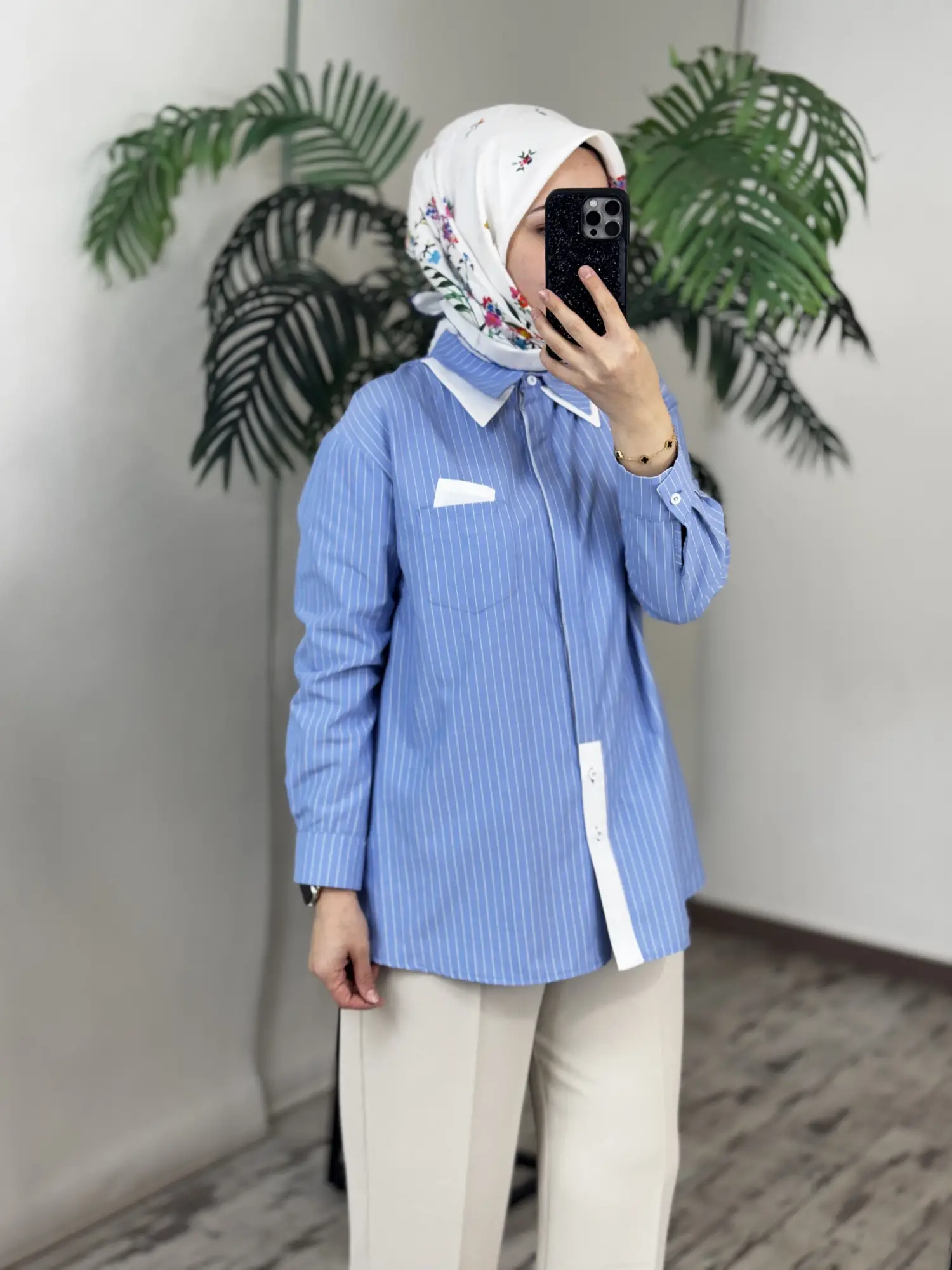 Tığ Triko Çift Cep ve Yaka Detaylı Çizgili Gömlek GML4044