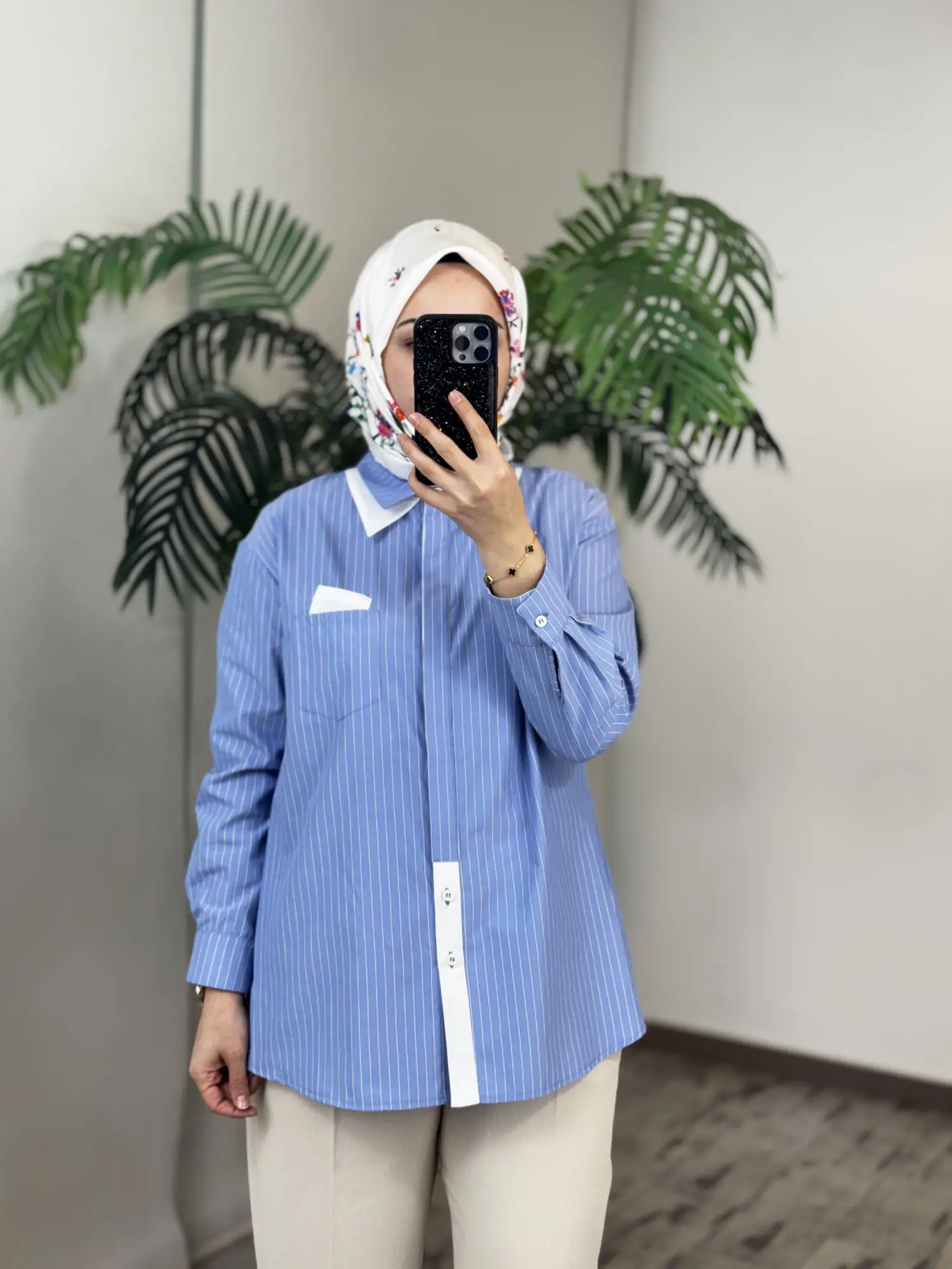 Tığ Triko Çift Cep ve Yaka Detaylı Çizgili Gömlek GML4044