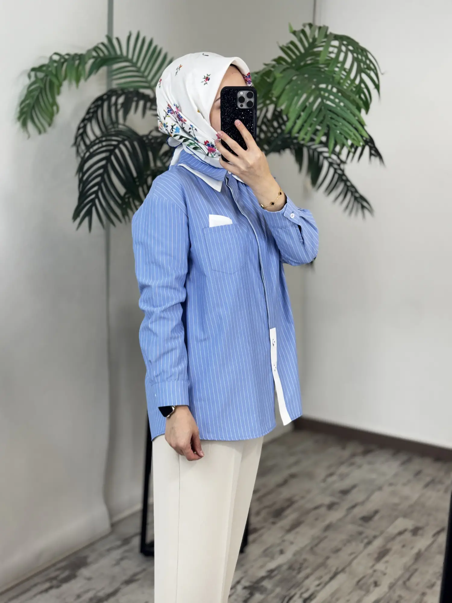 Tığ Triko Çift Cep ve Yaka Detaylı Çizgili Gömlek GML4044