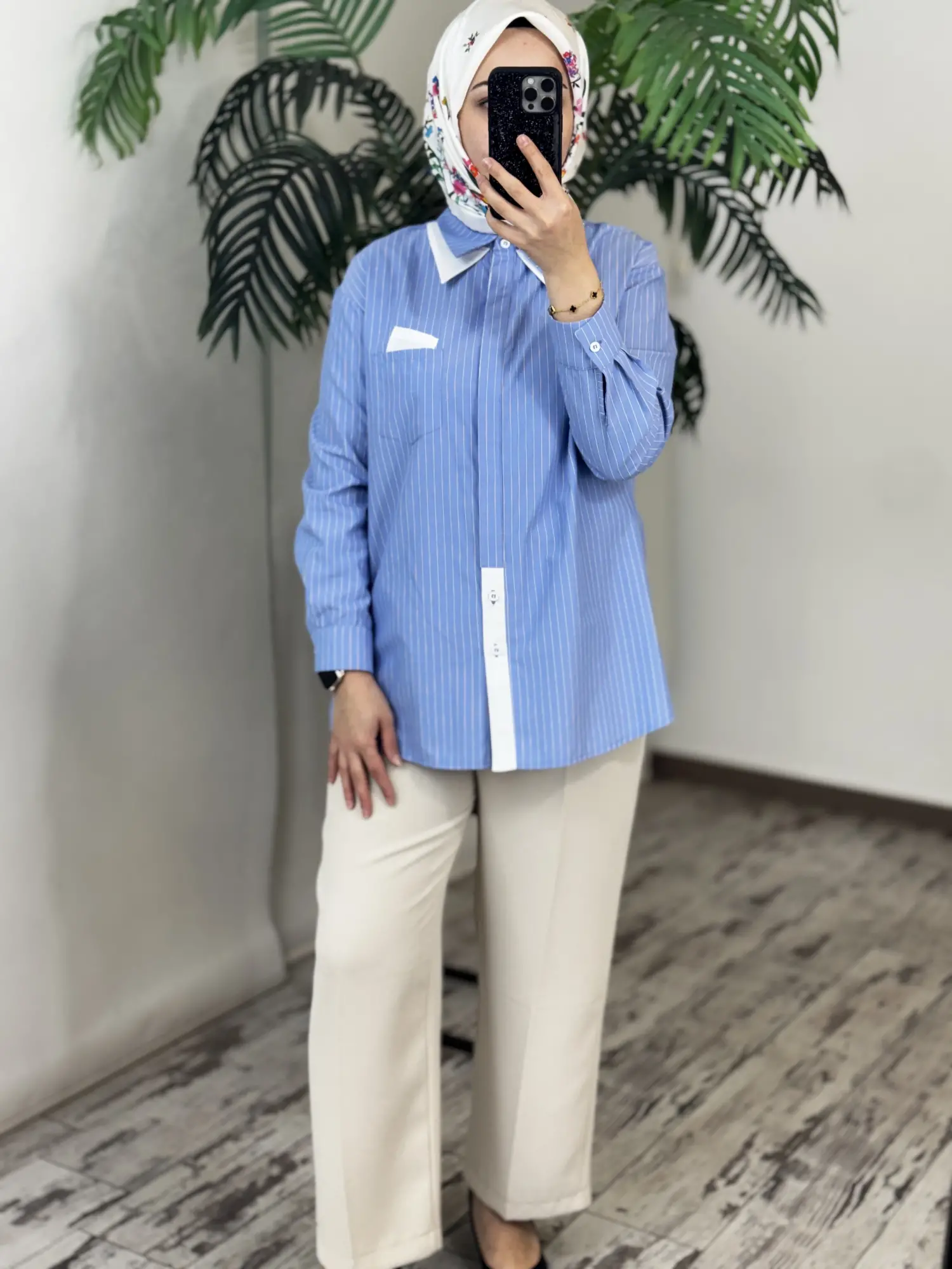 Tığ Triko Çift Cep ve Yaka Detaylı Çizgili Gömlek GML4044