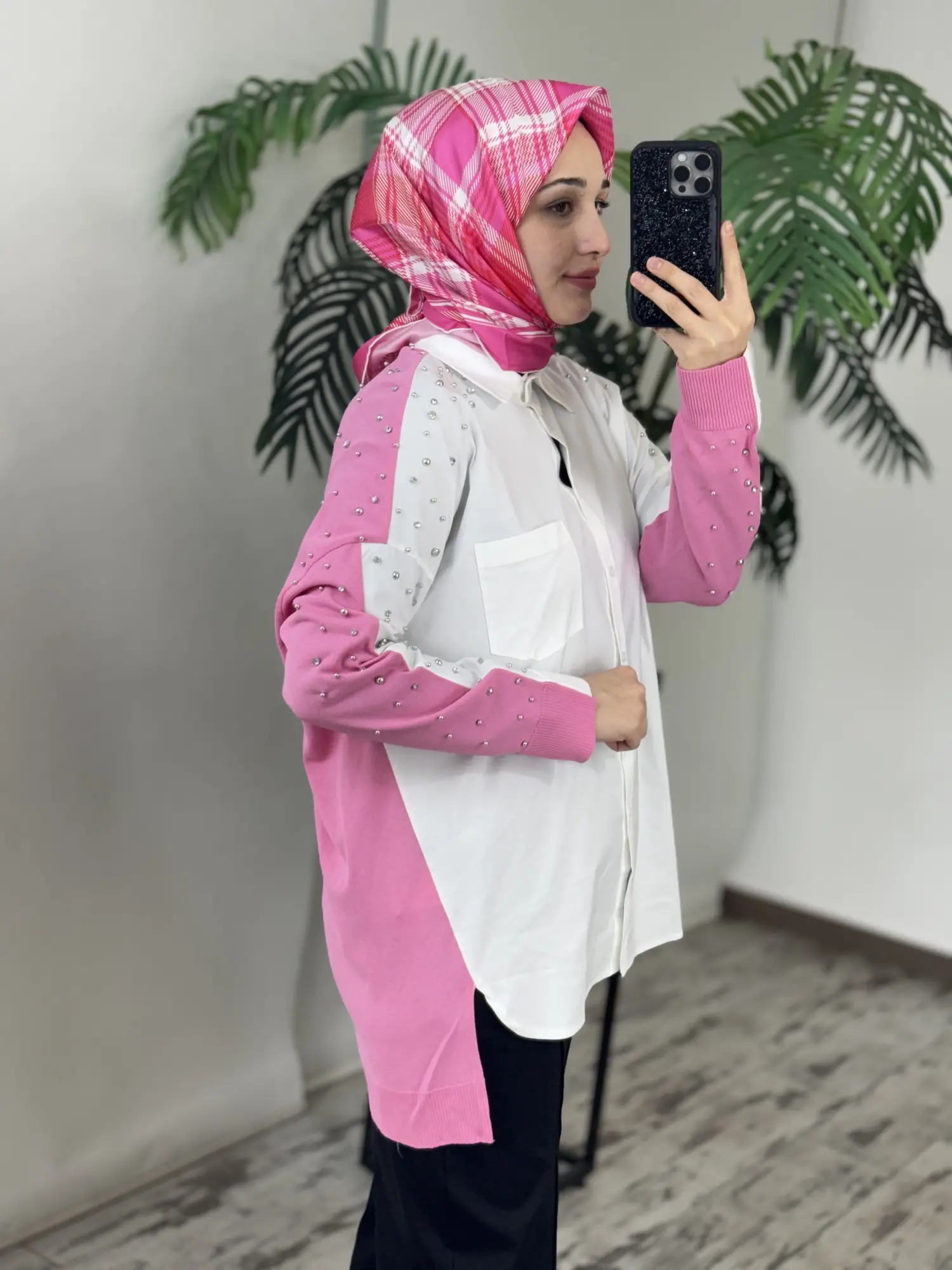 Tığ Triko Arkası Triko Kombinli Omuzları Taşlı Gömlek GML3072