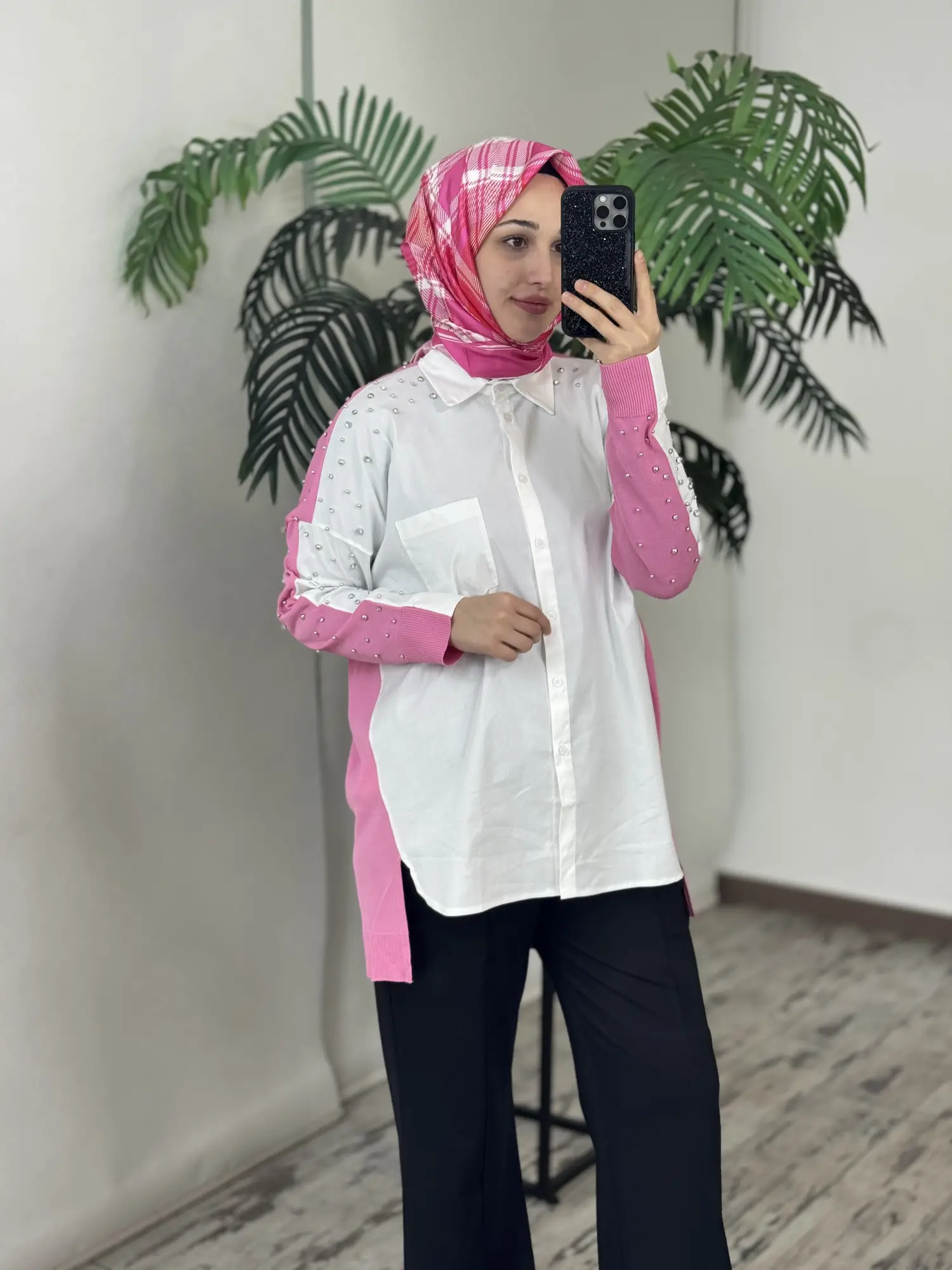 Tığ Triko Arkası Triko Kombinli Omuzları Taşlı Gömlek GML3072