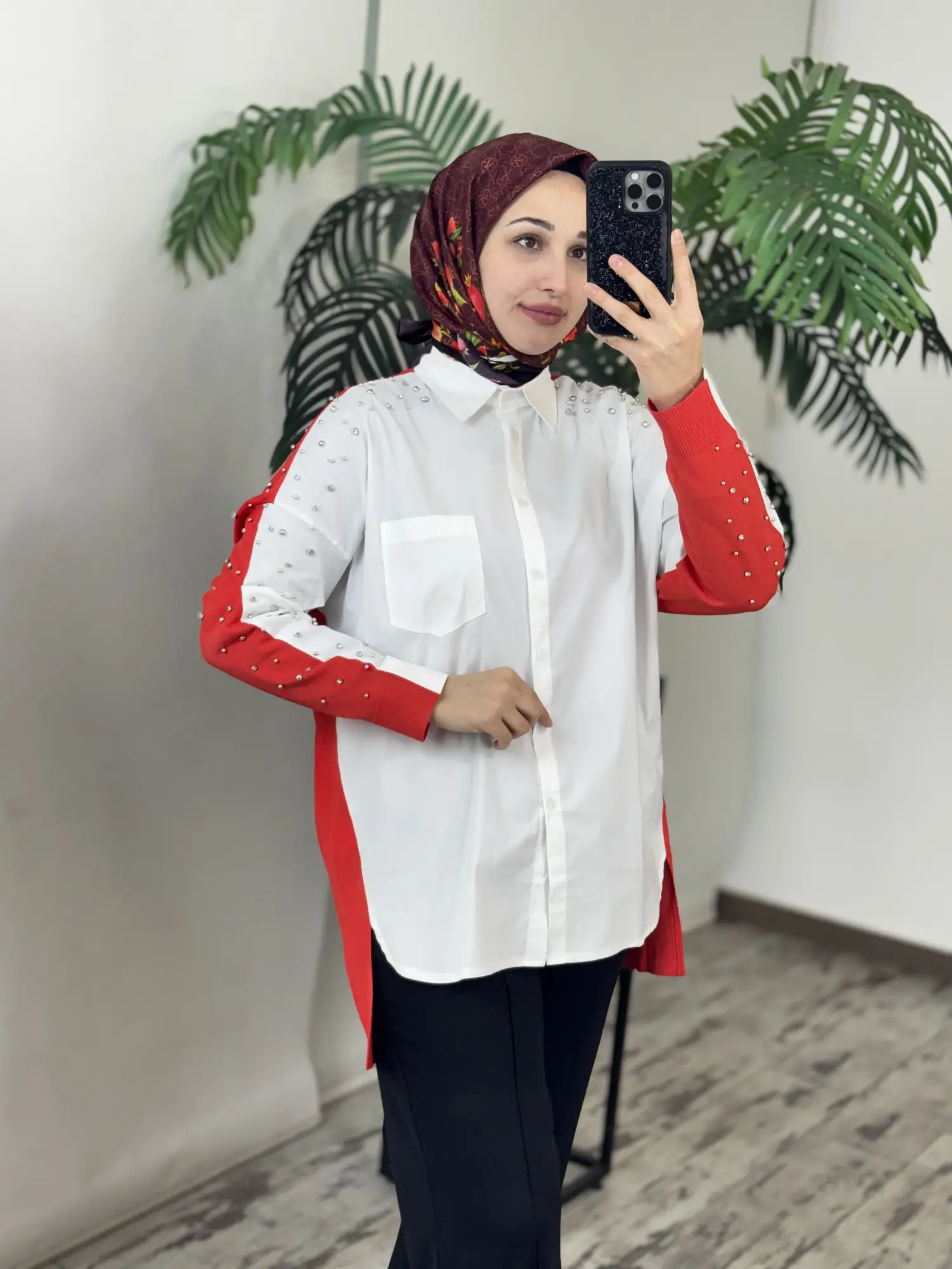 Tığ Triko Arkası Triko Kombinli Omuzları Taşlı Gömlek GML3072