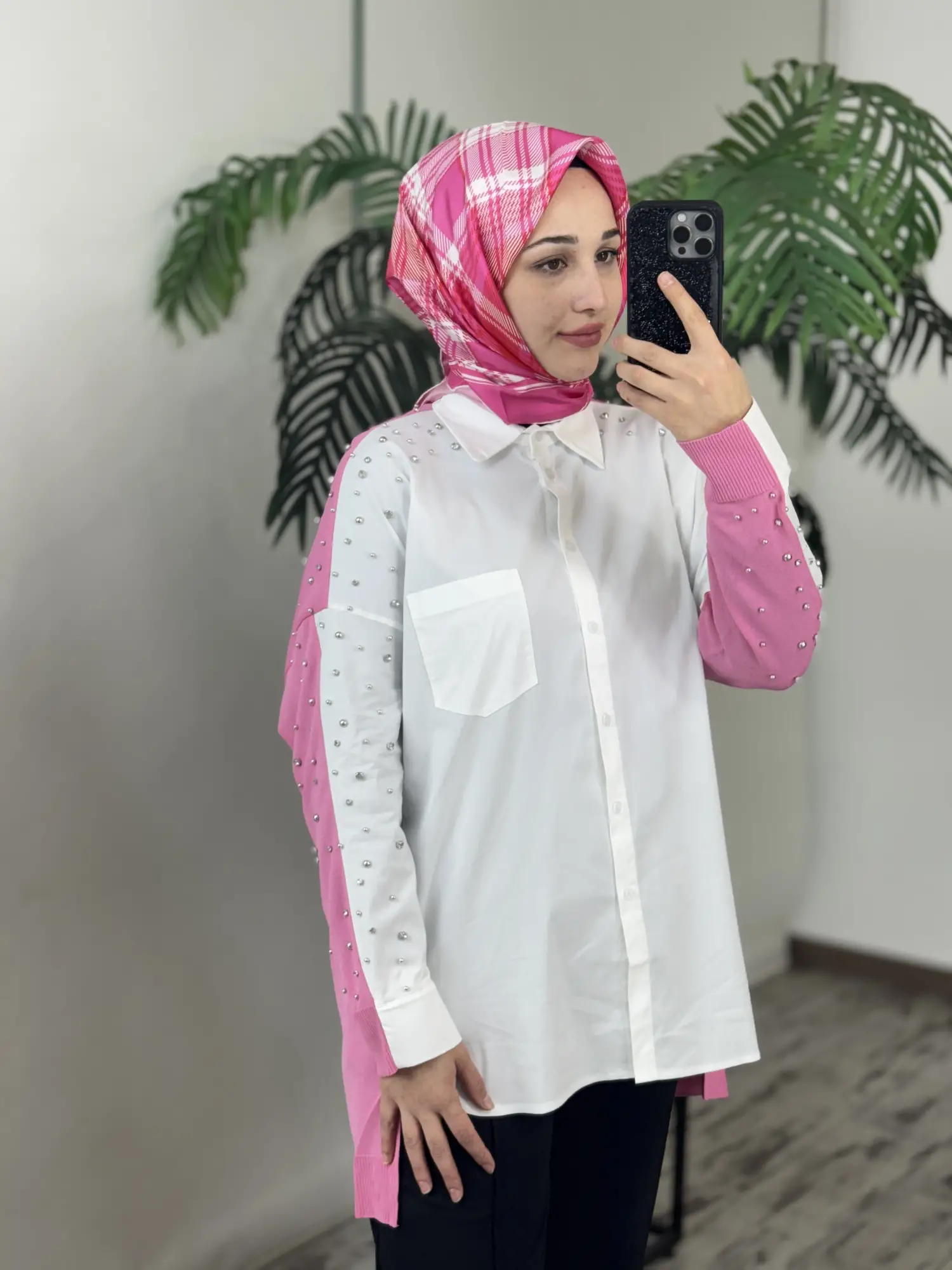 Tığ Triko Arkası Triko Kombinli Omuzları Taşlı Gömlek GML3072