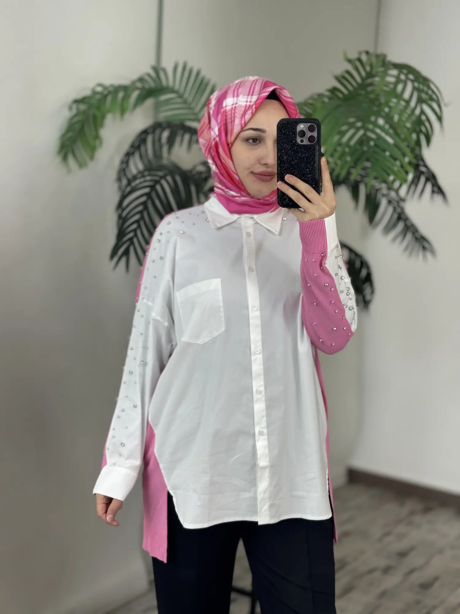 Tığ Triko Arkası Triko Kombinli Omuzları Taşlı Gömlek GML3072