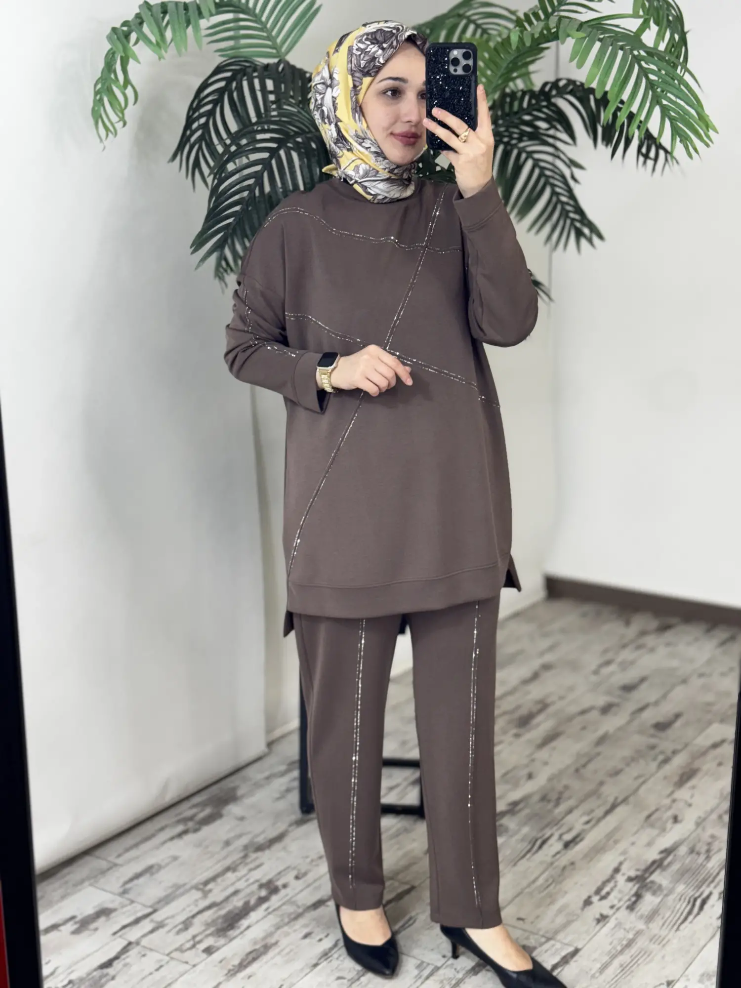 Tığ Triko Nervür ve Sıralı Taş Detaylı Tunik Pantolon Takım TKM5083