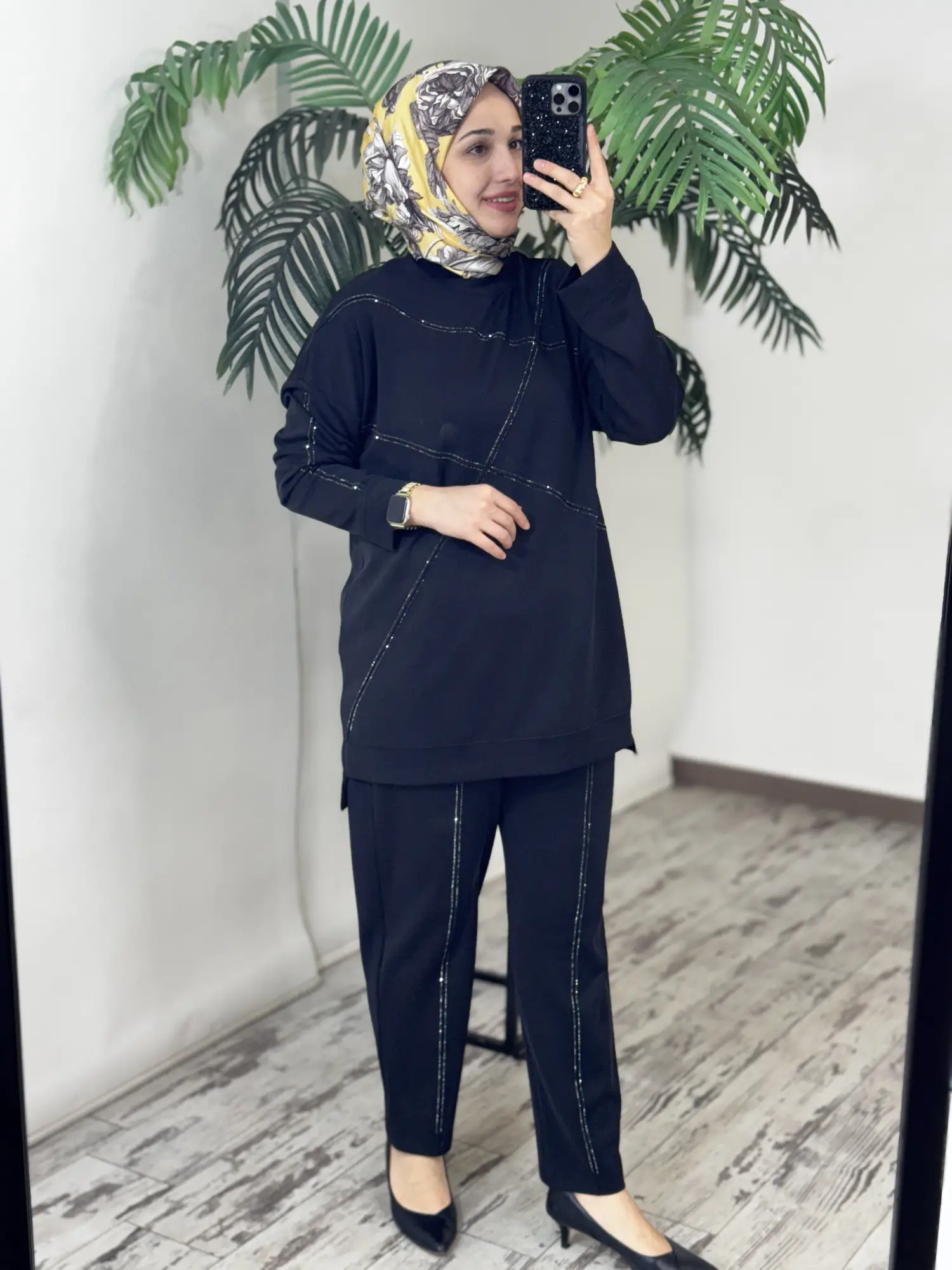 Tığ Triko Nervür ve Sıralı Taş Detaylı Tunik Pantolon Takım TKM5083