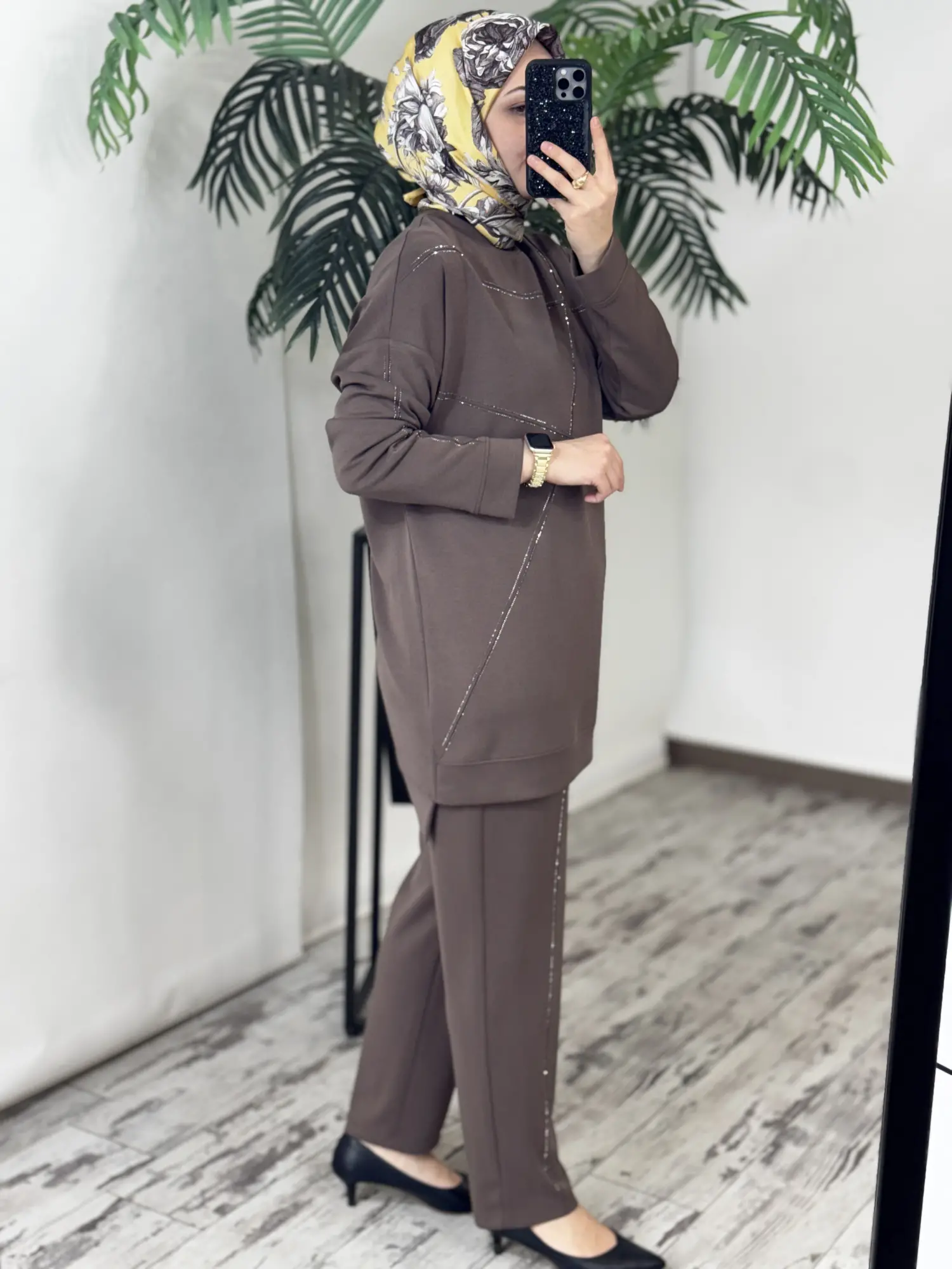 Tığ Triko Nervür ve Sıralı Taş Detaylı Tunik Pantolon Takım TKM5083