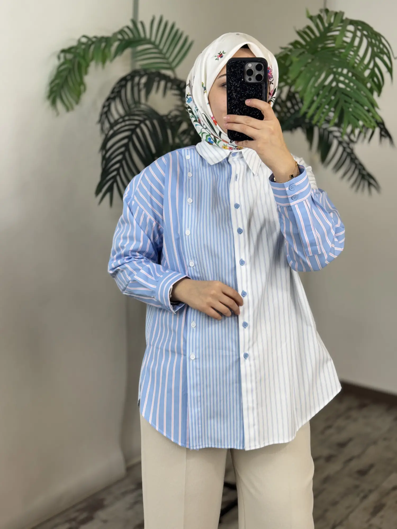 Tığ Triko Çizgi Desen Çift Sıralı Patlı Gömlek GML4027