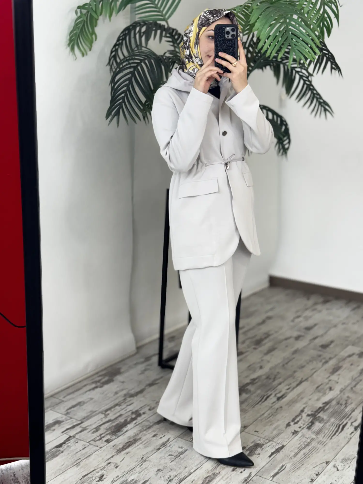 Tığ Triko Paraşüt Kumaş Kombinli Önden Düğmeli Pantolonlu Takım TKM5095