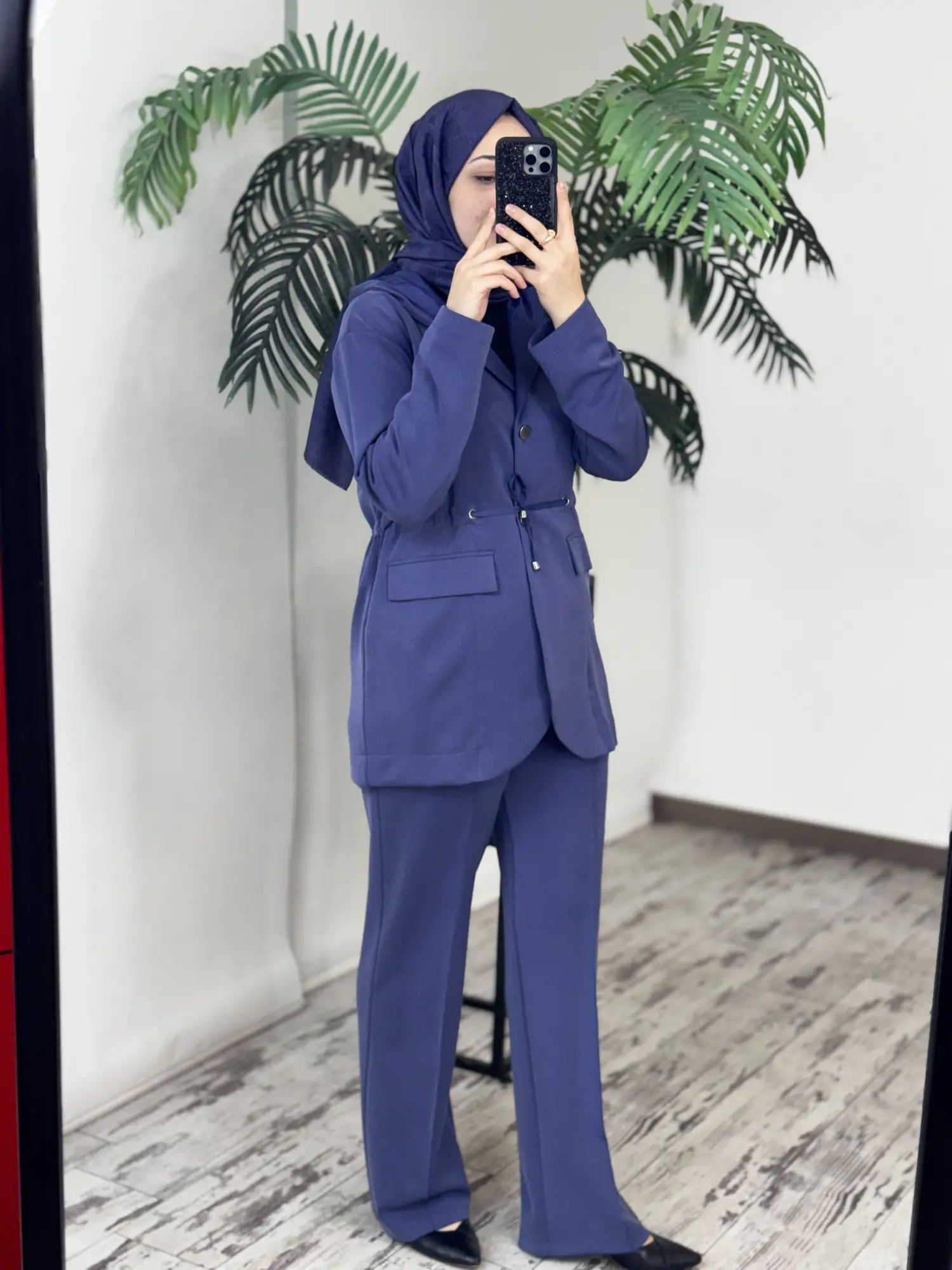 Tığ Triko Paraşüt Kumaş Kombinli Önden Düğmeli Pantolonlu Takım TKM5095