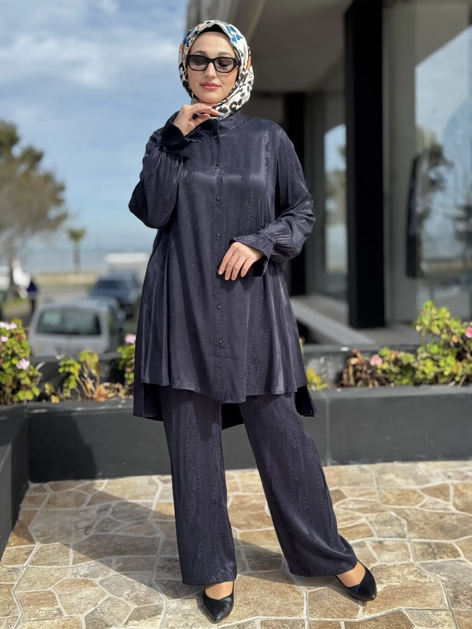 Misswhence Kendinden Desenli Jakarlı Cupra İpek Gömlek Pantolon Takım 39019