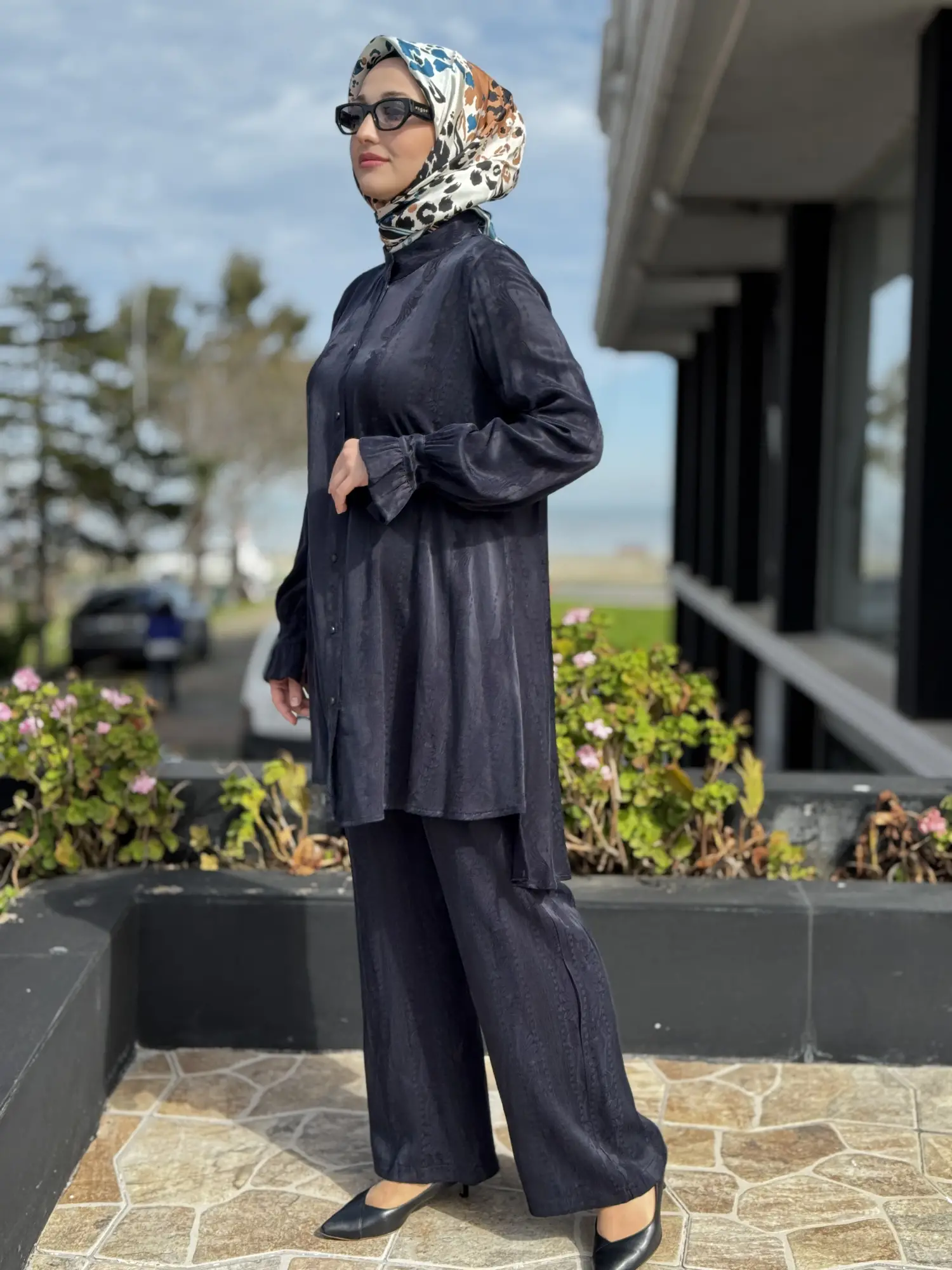 Misswhence Kendinden Desenli Jakarlı Cupra İpek Gömlek Pantolon Takım 39019