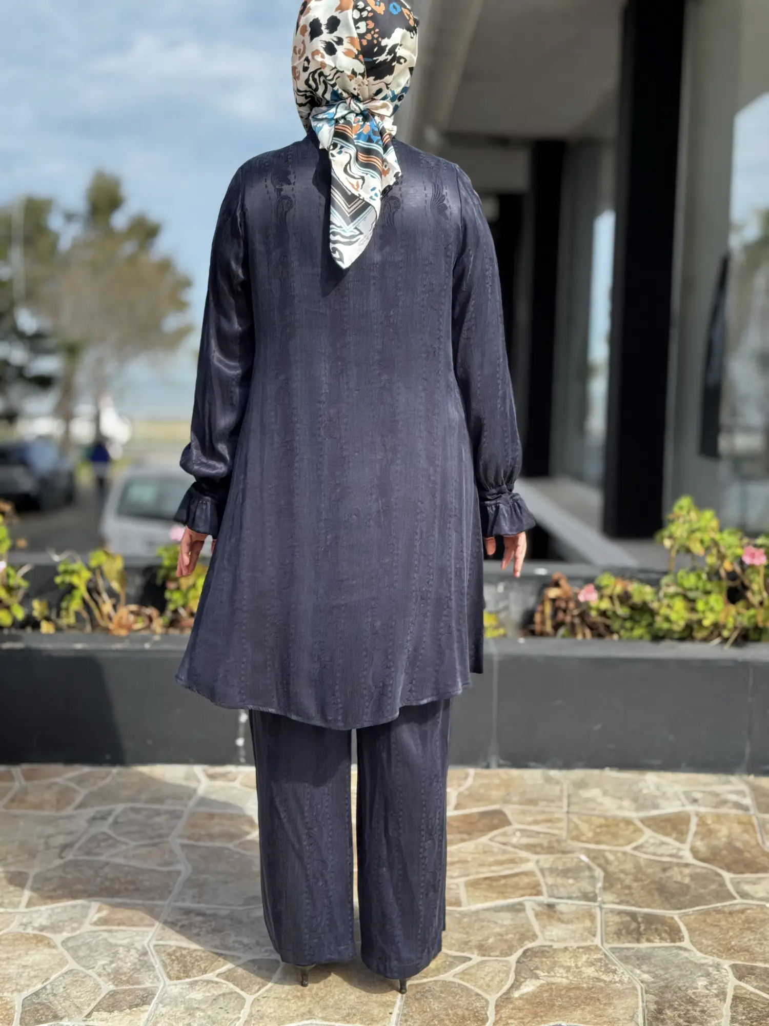 Misswhence Kendinden Desenli Jakarlı Cupra İpek Gömlek Pantolon Takım 39019