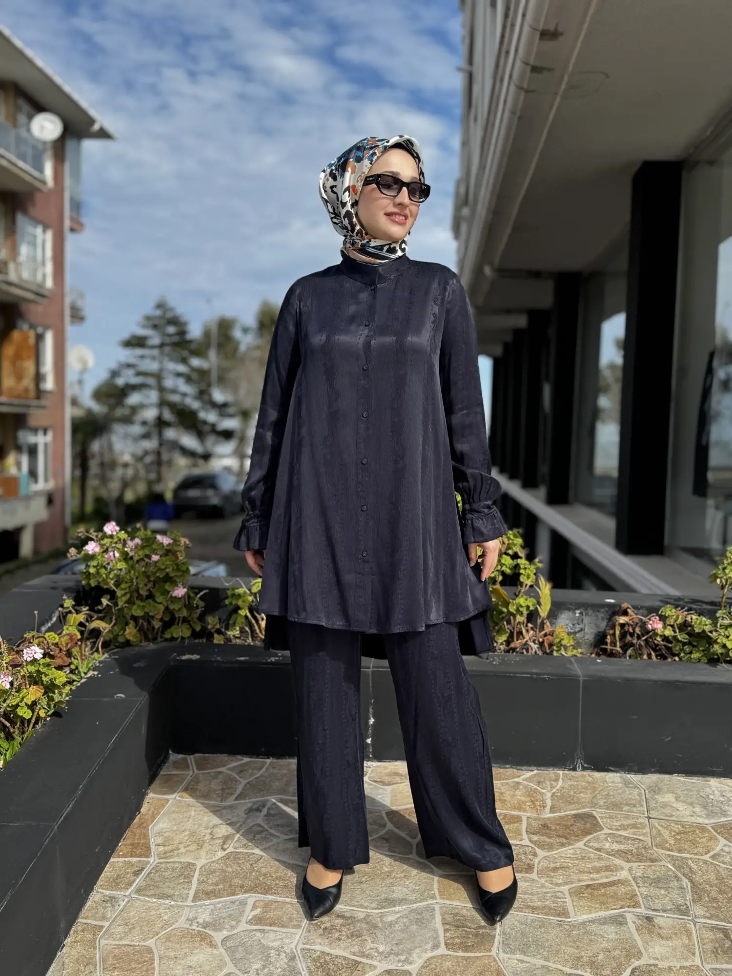 Misswhence Kendinden Desenli Jakarlı Cupra İpek Gömlek Pantolon Takım 39019