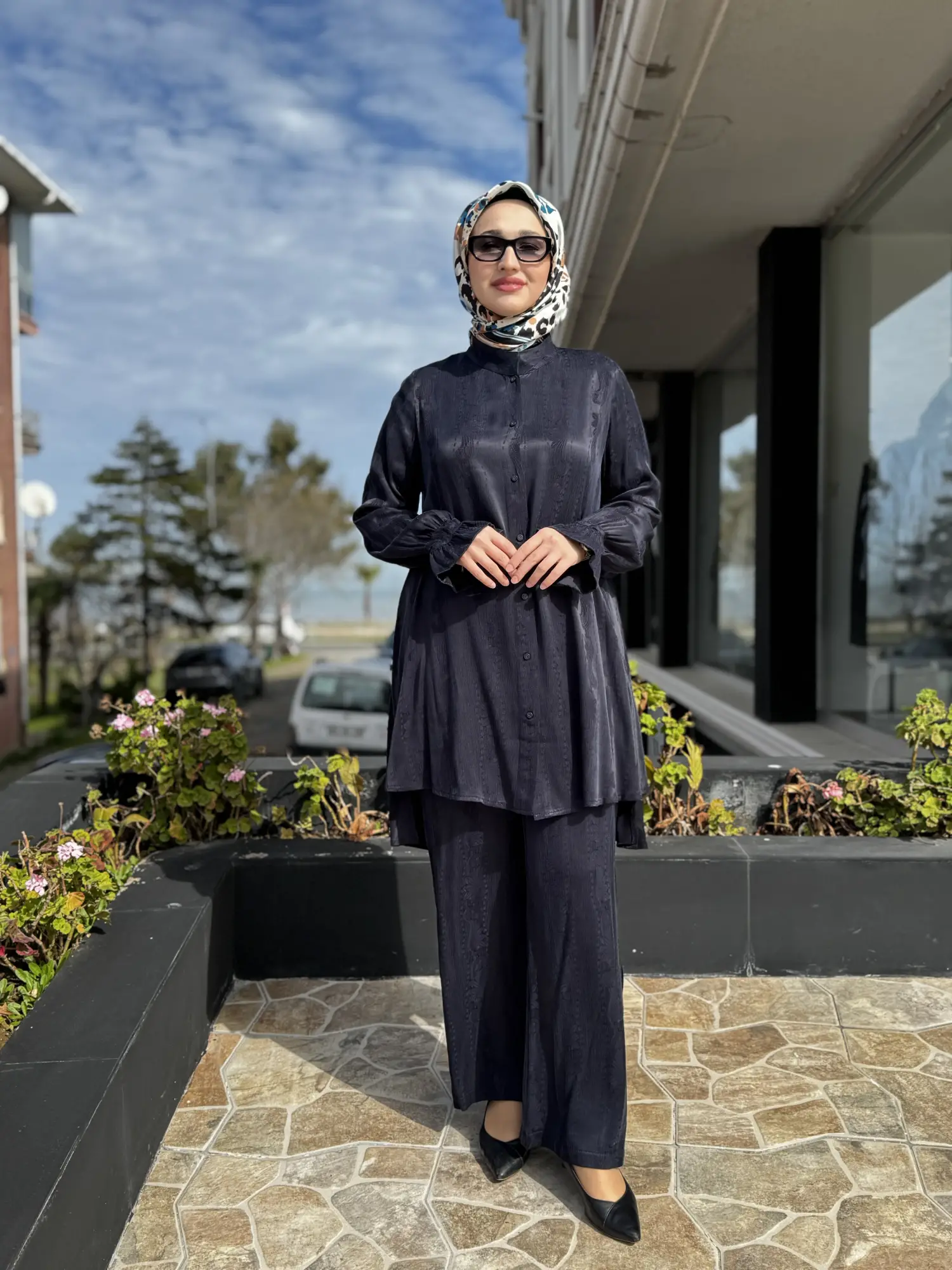 Misswhence Kendinden Desenli Jakarlı Cupra İpek Gömlek Pantolon Takım 39019