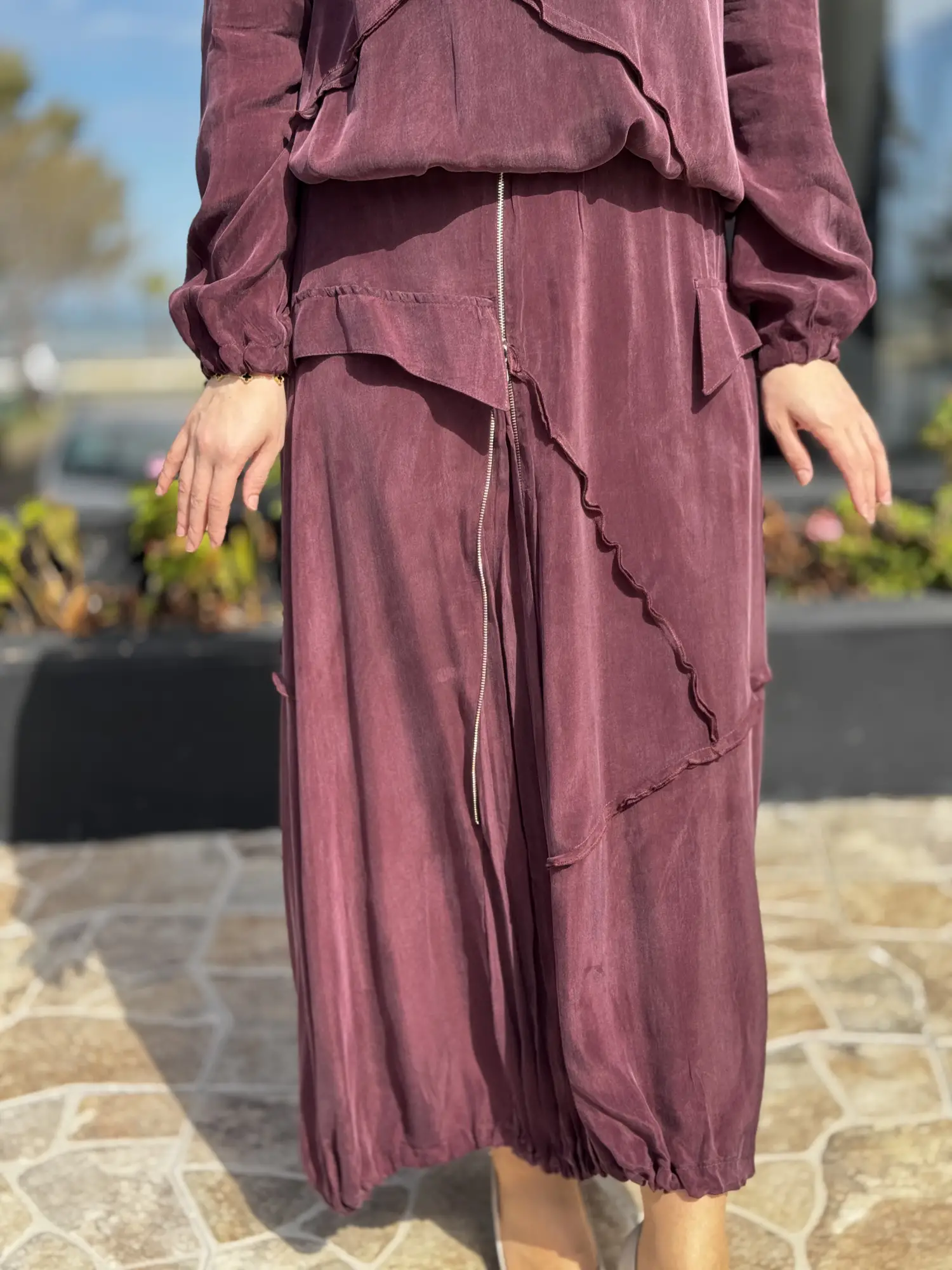 Misswhence Büzgü ve Fermuar Detaylı Cupra İpek Etek Bluz Takım 39020