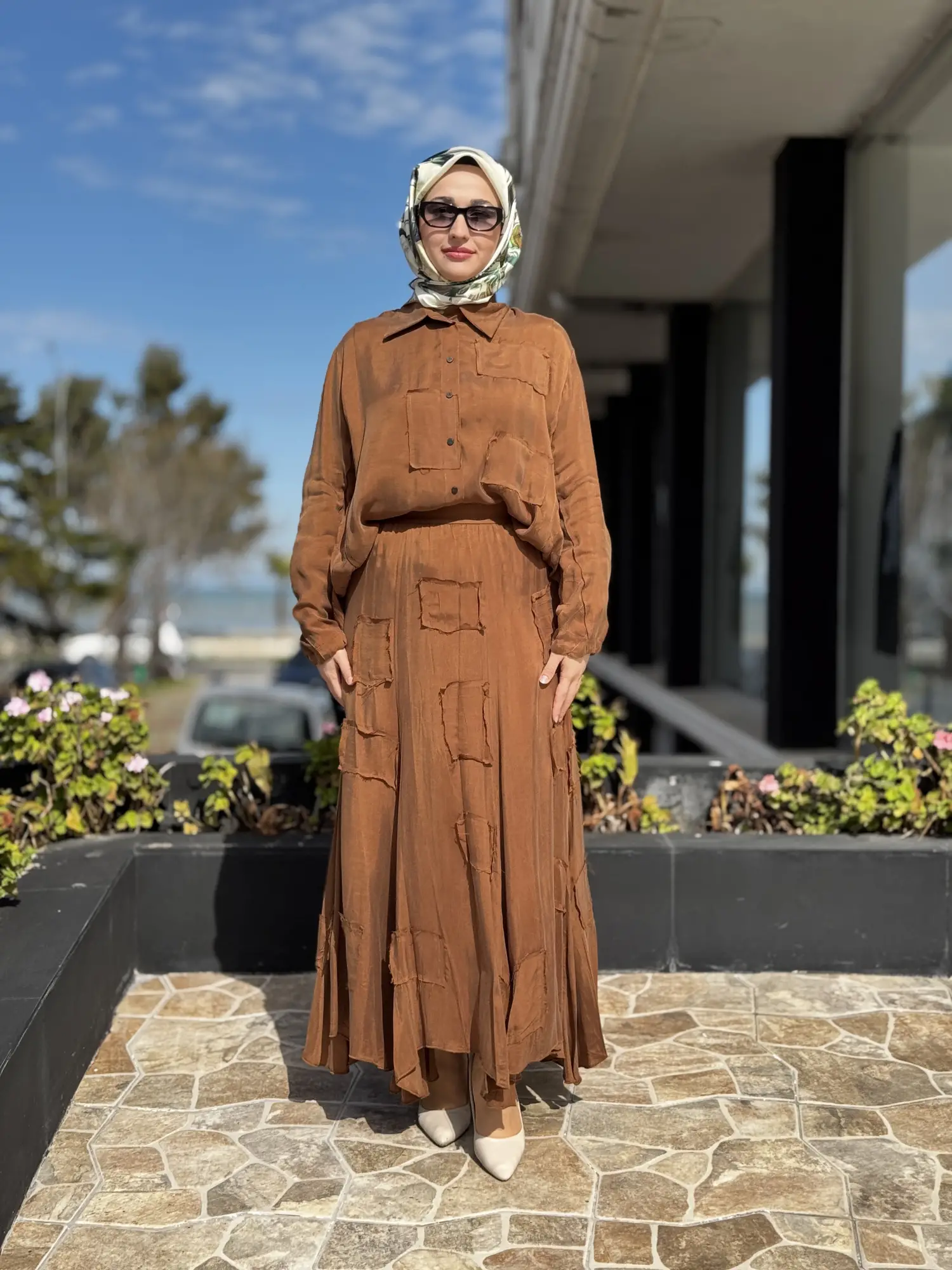 Misswhence Parça Kumaş Kombinli Cupra İpek Gömlek Etek Takım 39304