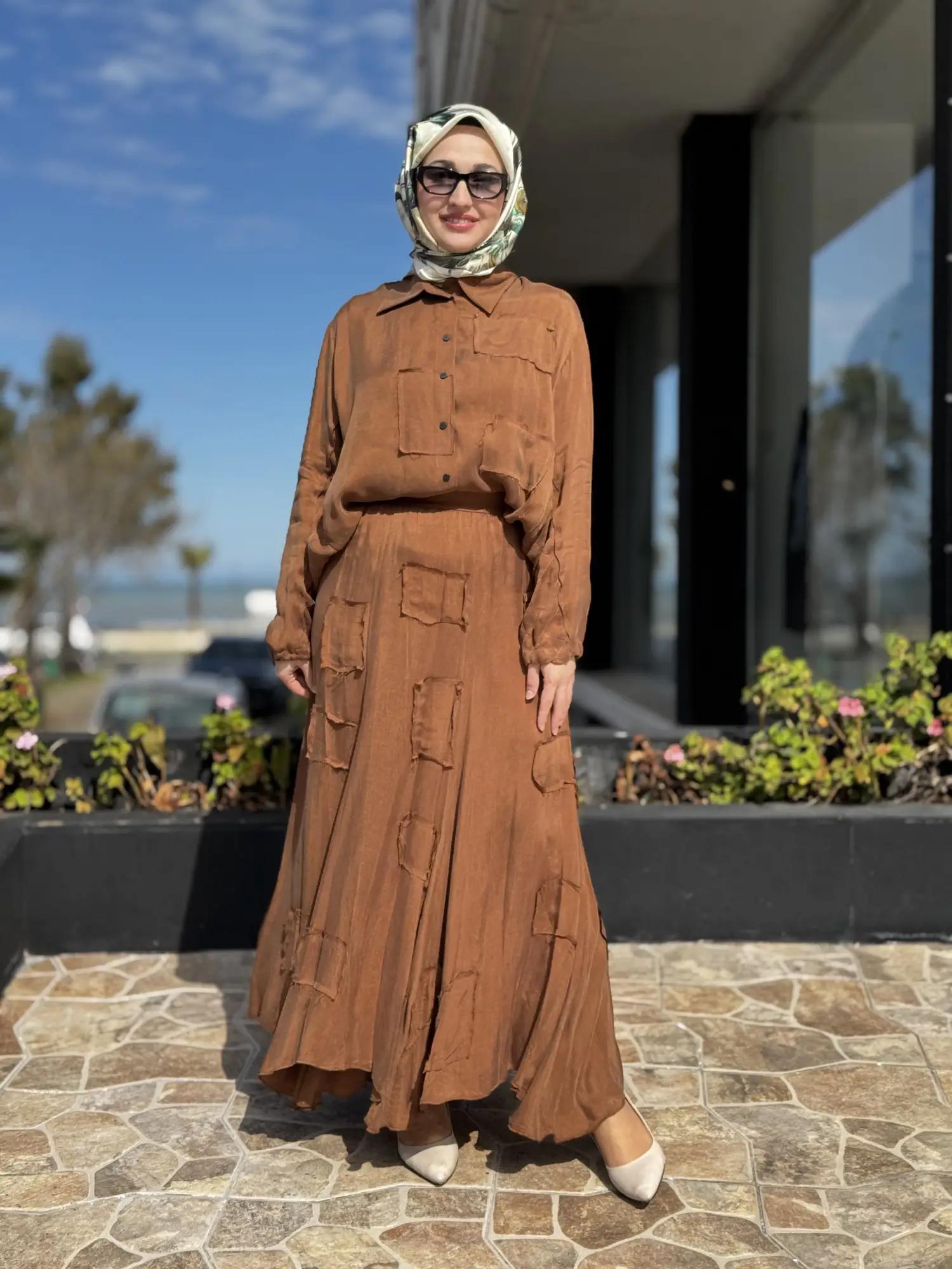 Misswhence Parça Kumaş Kombinli Cupra İpek Gömlek Etek Takım 39304