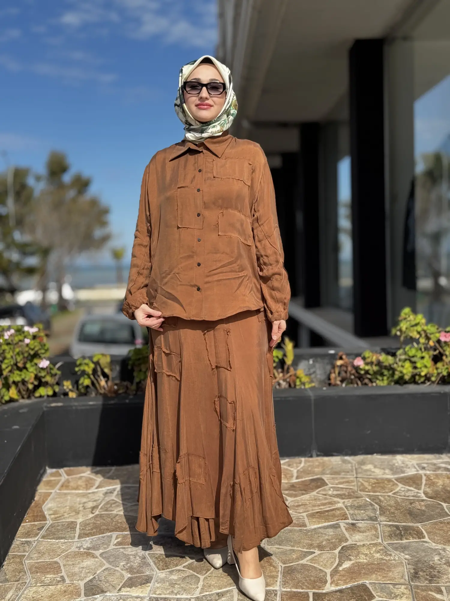 Misswhence Parça Kumaş Kombinli Cupra İpek Gömlek Etek Takım 39304