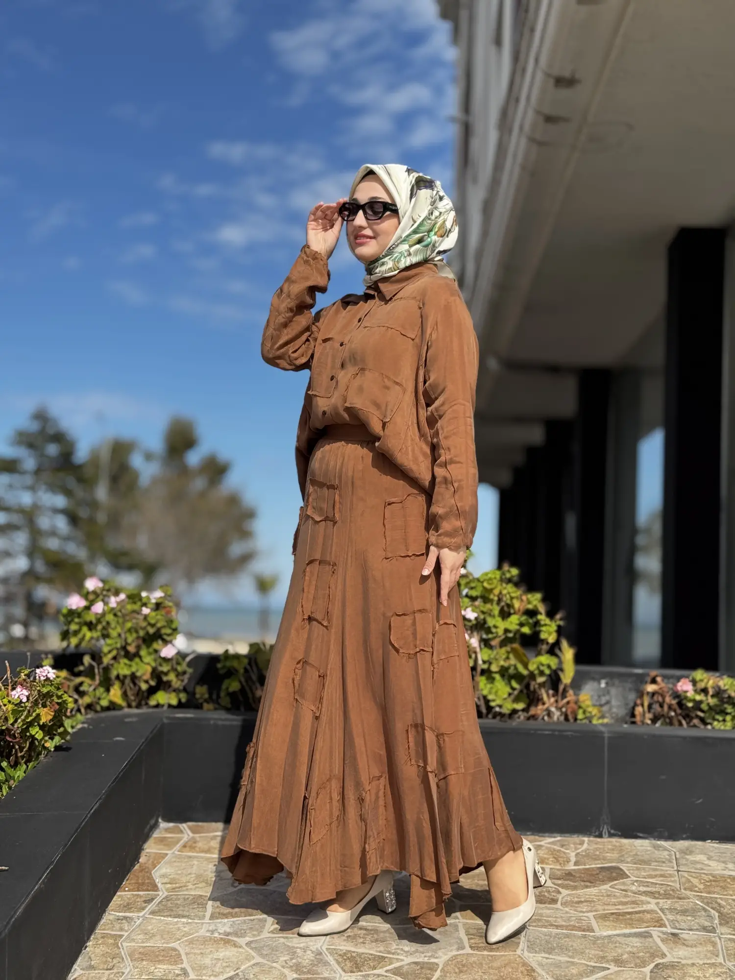 Misswhence Parça Kumaş Kombinli Cupra İpek Gömlek Etek Takım 39304