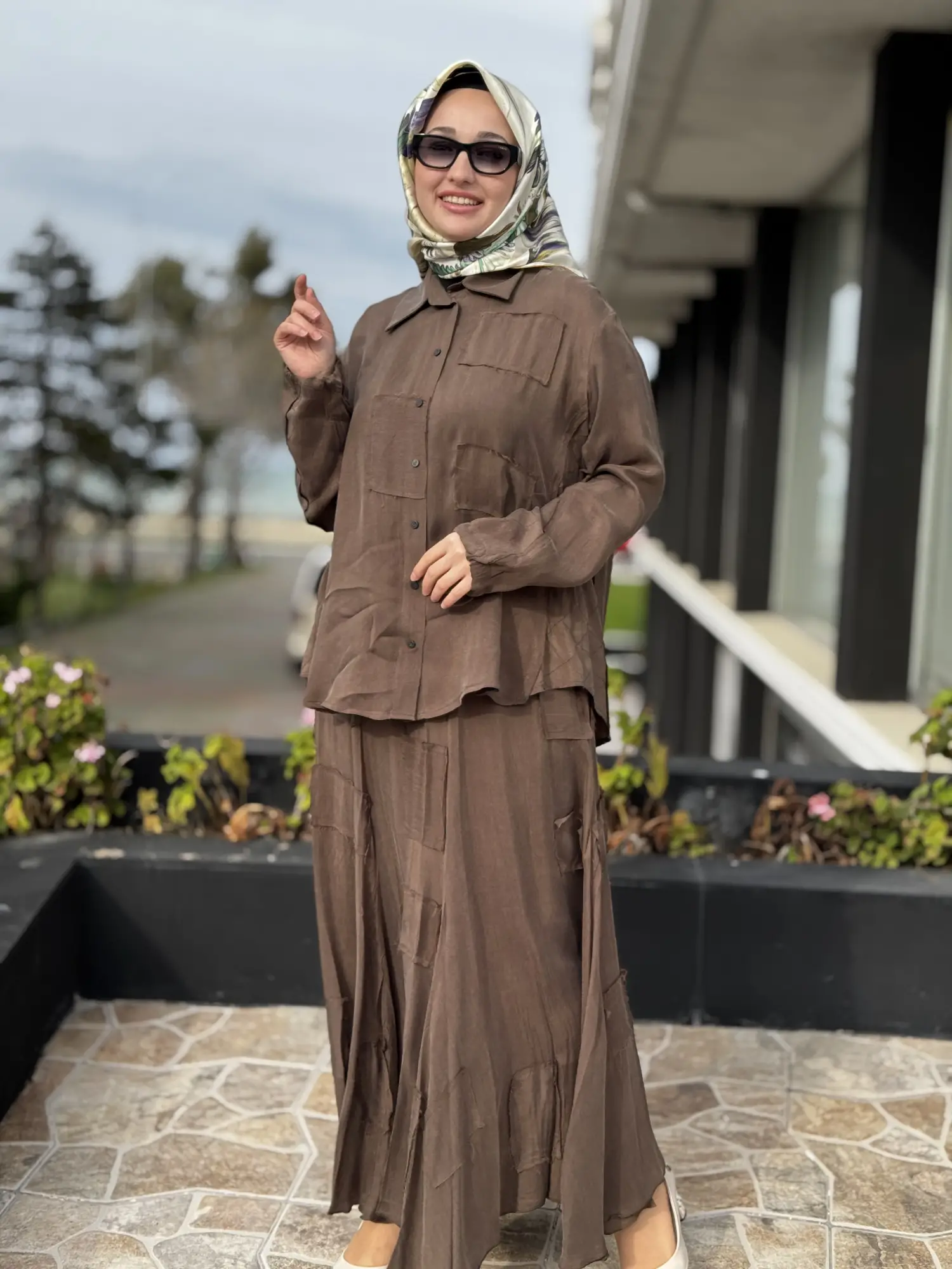 Misswhence Parça Kumaş Kombinli Cupra İpek Gömlek Etek Takım 39304